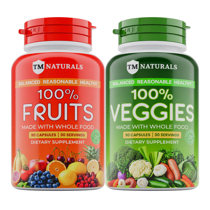 TM NATURALS Fruit and Veggies Supplement - Super Greens Men's and Women's Multivitamin -90 Fruit and 90 Vegetables Capsules - Boost High Protein & Energy - 90 Count (Pack of 2) + Travel Size Pill Box