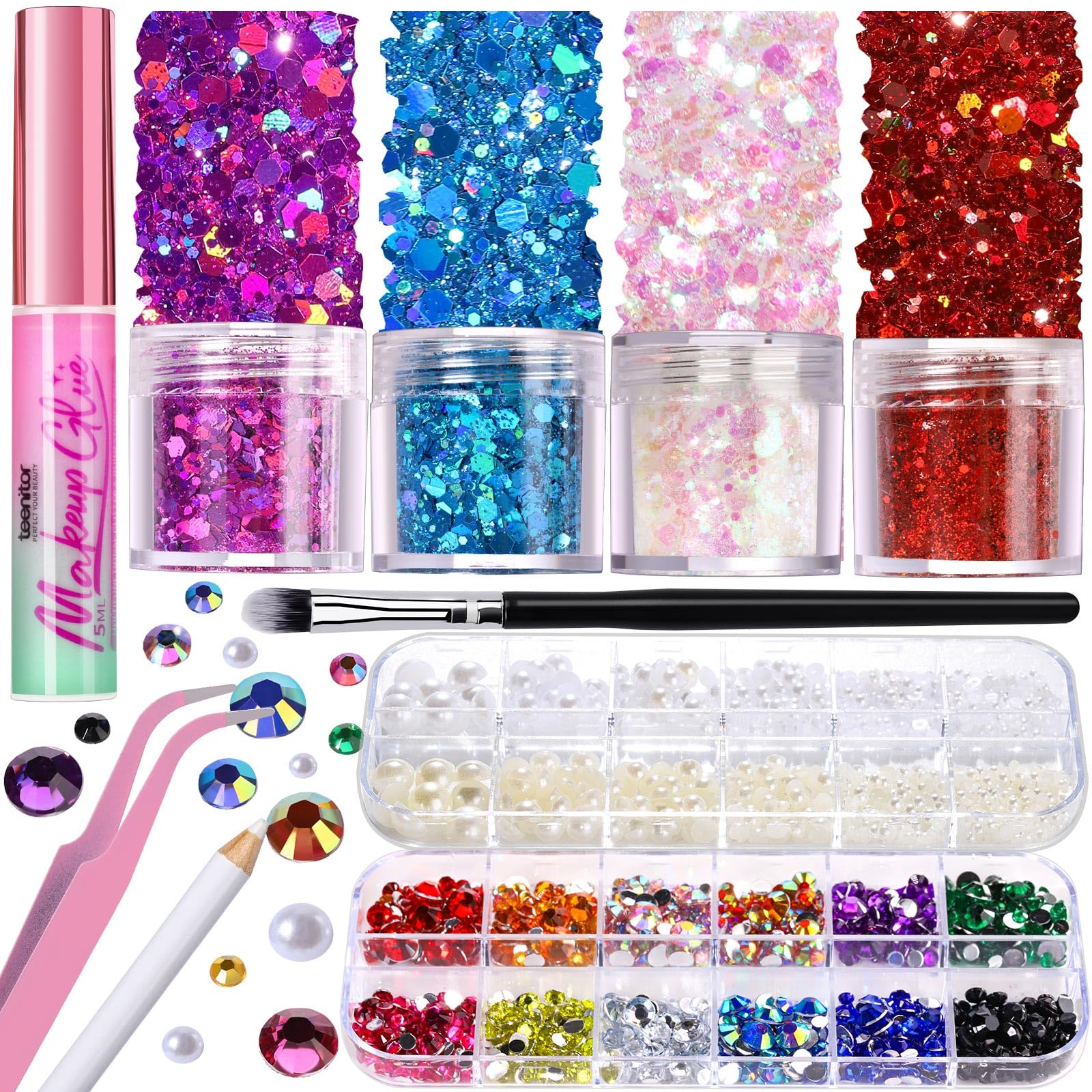 Teenitor Face Glitter with Face Gems Face Glue for Women, Face Pearls & Body Glitter Set for Makeup, Hair Glitter Face Jewels with Wax Pencil, Red Glitter Sparkles Rhinestones for Face
