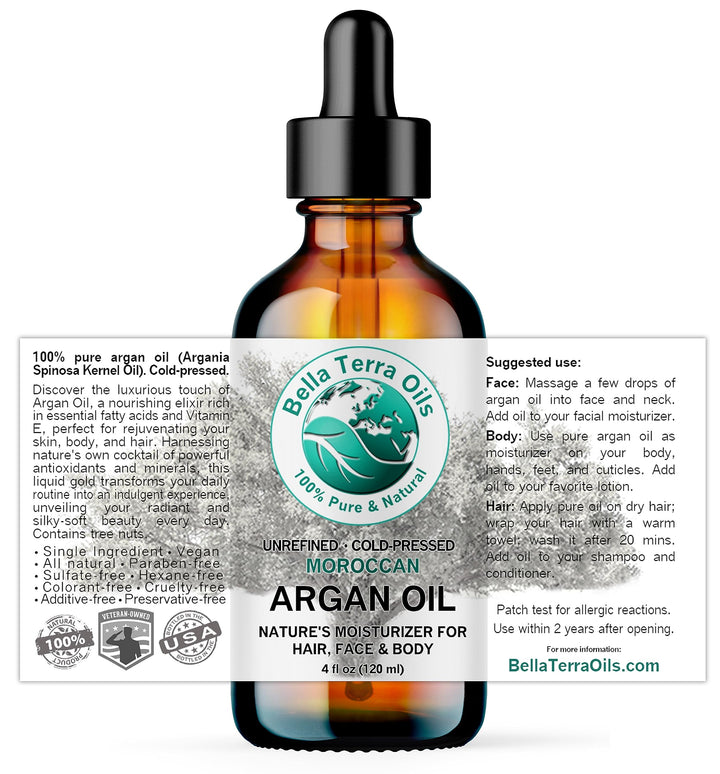 Bella Terra Oils - Argan Oil 4 oz - Embrace Silky Hair with Argan Oil for Hair, Harvested Pure, Enriched with Natural Antioxidants & Essential Minerals