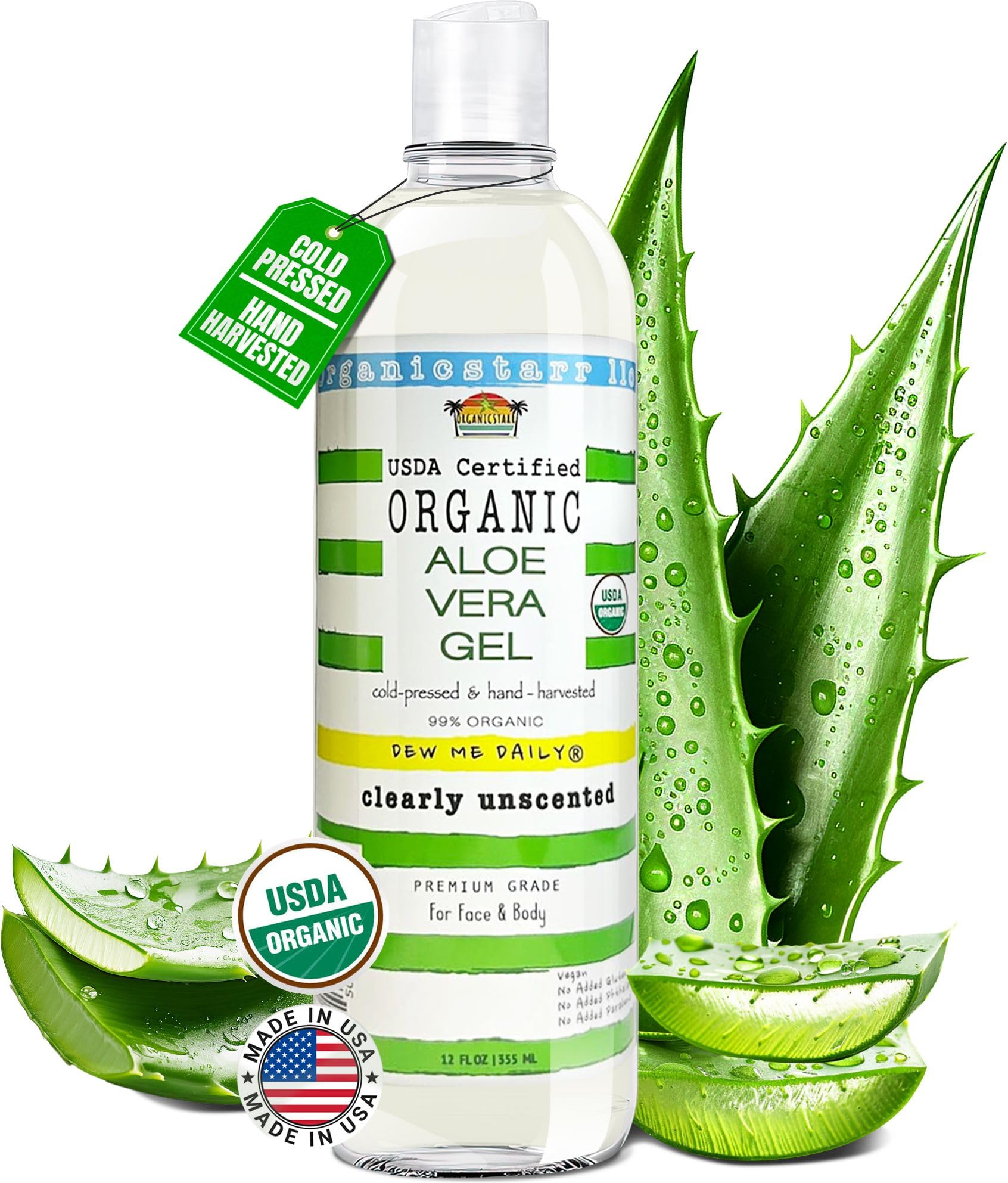 DEW ME DAILY USDA Certified Organic Aloe Vera Gel 12 oz - 100% Pure, Cold Pressed, Hand Harvested, Unscented, Chemical-Free - Skin & Hair Care, Sun-kissed Skin, Made in USA
