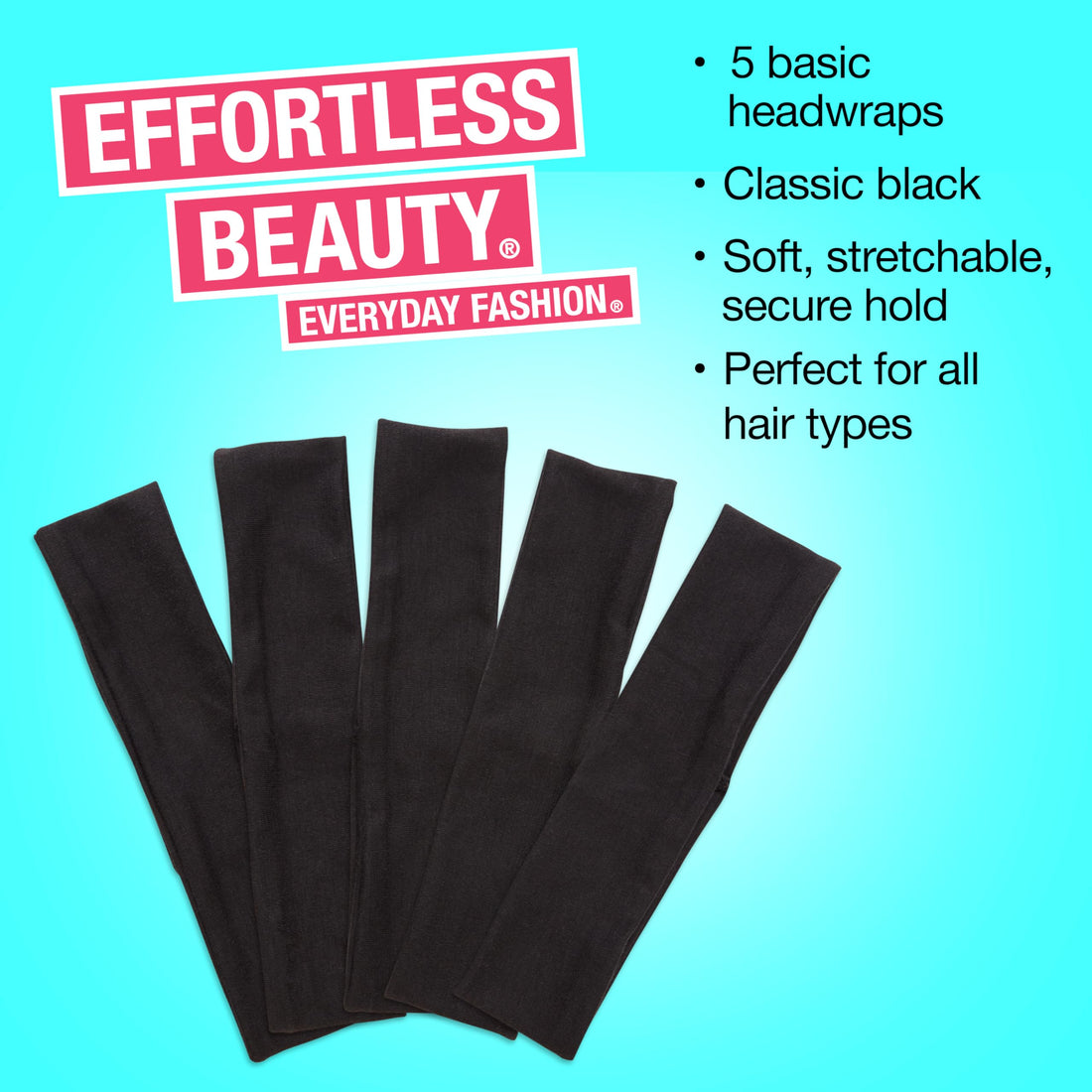 Scunci Effortless Beauty Basic Interlock Headwraps, Black, 5 Count, 4.6 Pound
