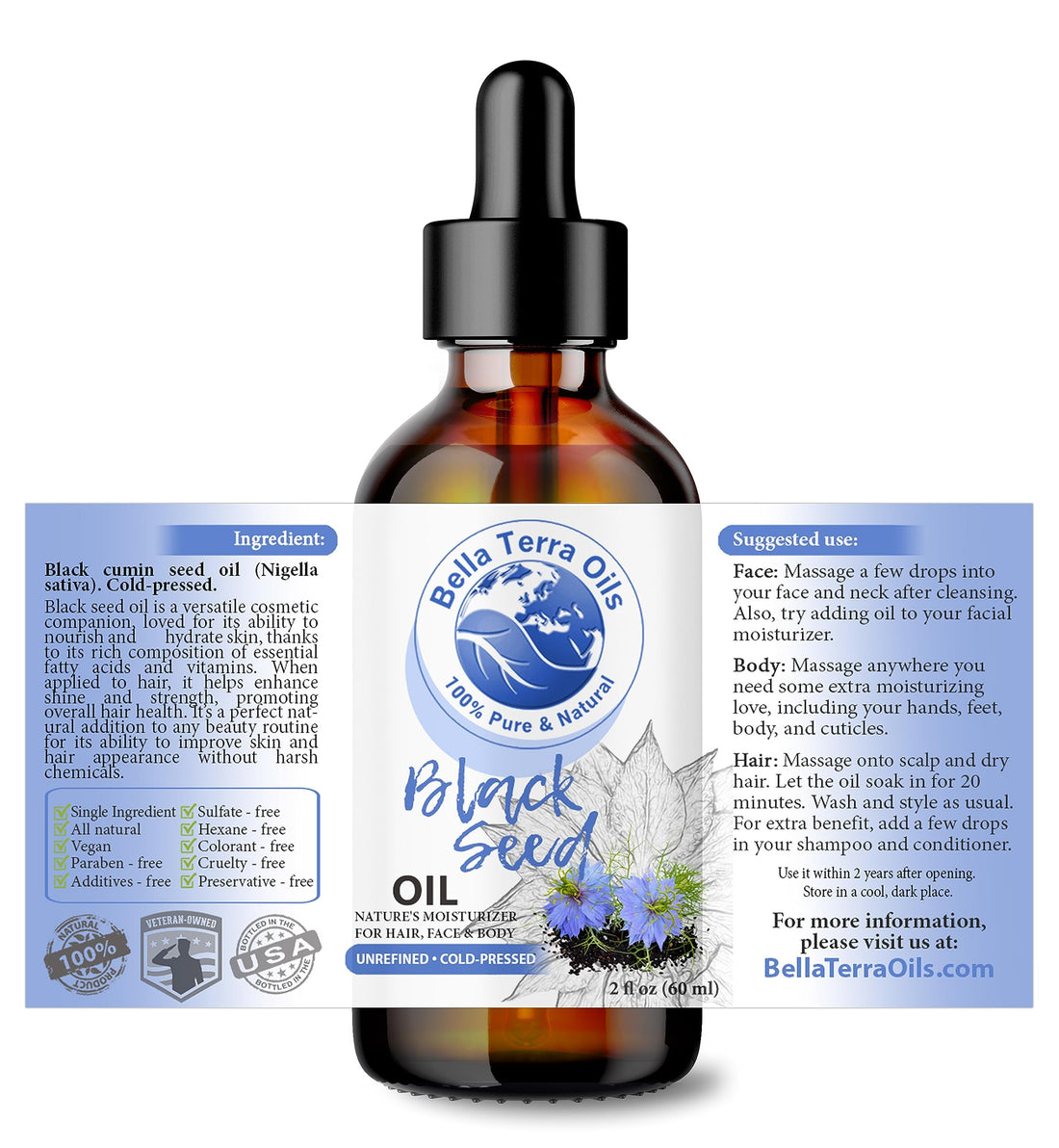 NEW Black Seed Oil. 2oz. Cold-pressed. Unrefined. Organic. 100% Pure. Nigella Sativa Black Cumin Oil. Hexane-free. Rich in Antioxidants. Natural Moisturizer. For Hair, Skin, Nails, Stretch Marks.