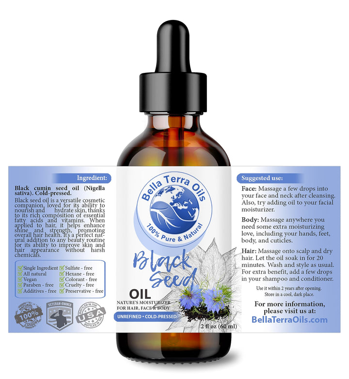 NEW Black Seed Oil. 2oz. Cold-pressed. Unrefined. Organic. 100% Pure. Nigella Sativa Black Cumin Oil. Hexane-free. Rich in Antioxidants. Natural Moisturizer. For Hair, Skin, Nails, Stretch Marks.