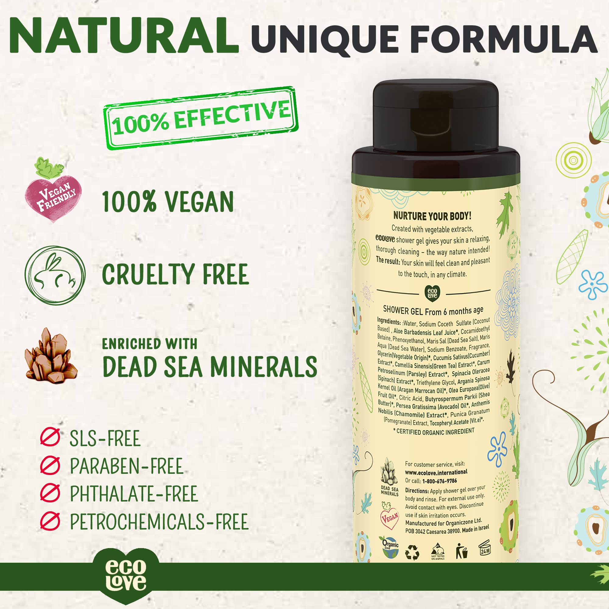 100% Vegan Shower Gel Made With Cucumber, Spinach And Parsley For Babies, Kids, Men And Women Natural Body Wash- Sulfate, Cruelty And Paraben Free From 6 Months Age - 17.6 Oz