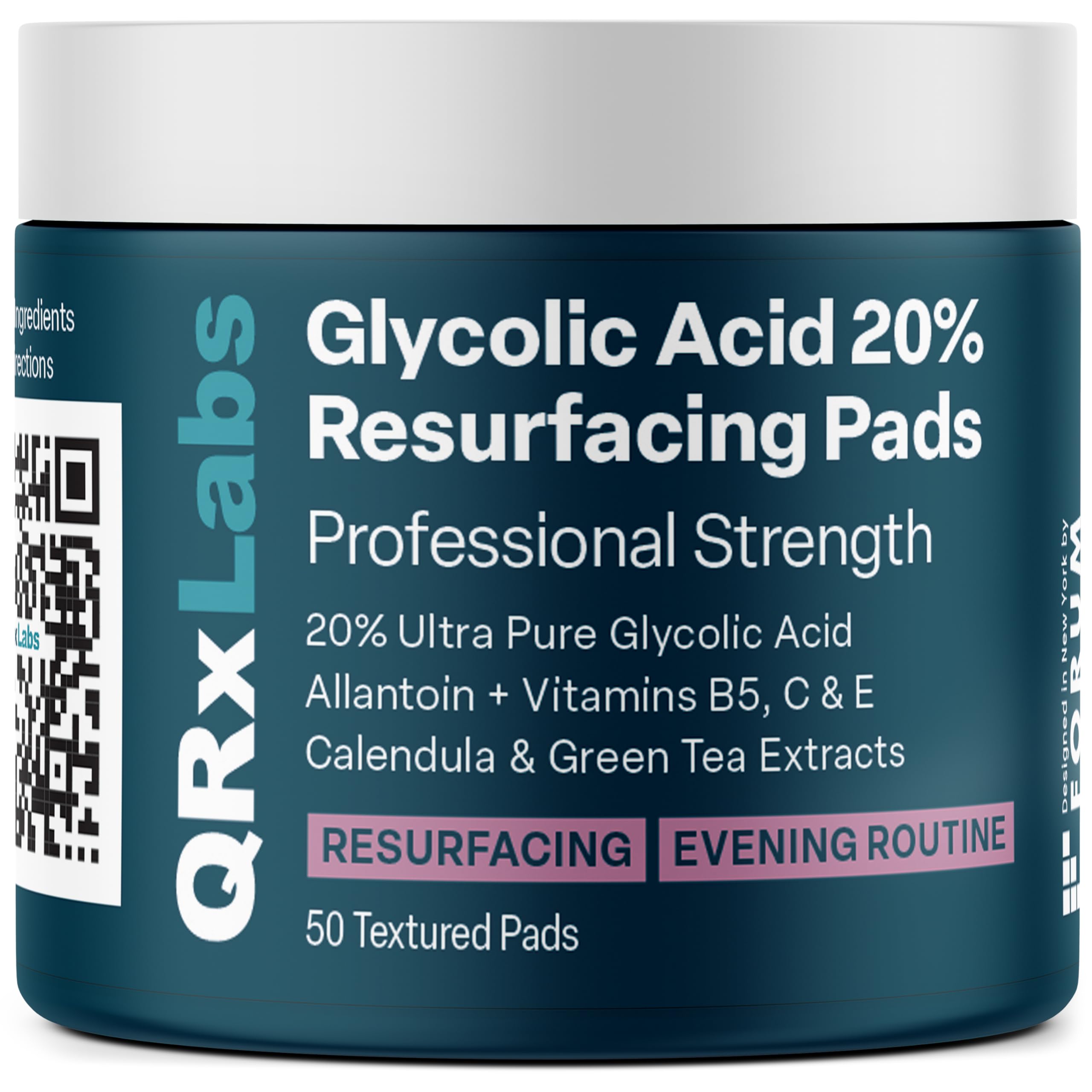 QRxLabs Glycolic Acid 20% Resurfacing Pads with Vitamins B5, C and E, Green Tea, Calendula, Allantoin