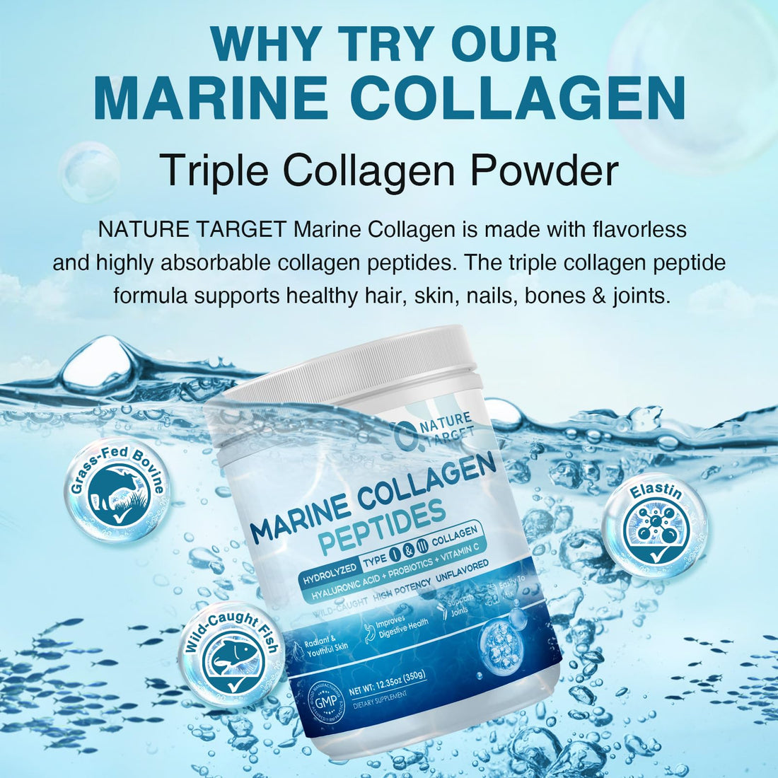 NATURE TARGET Marine Collagen Peptides Powder - Type I & III Collagen with Probiotics, Vitamin C & Hyaluronic Acid for Skin, Hair, Nails & Joint, Wild-Caught Fish & Grass-Fed Bovine, 35 Servings