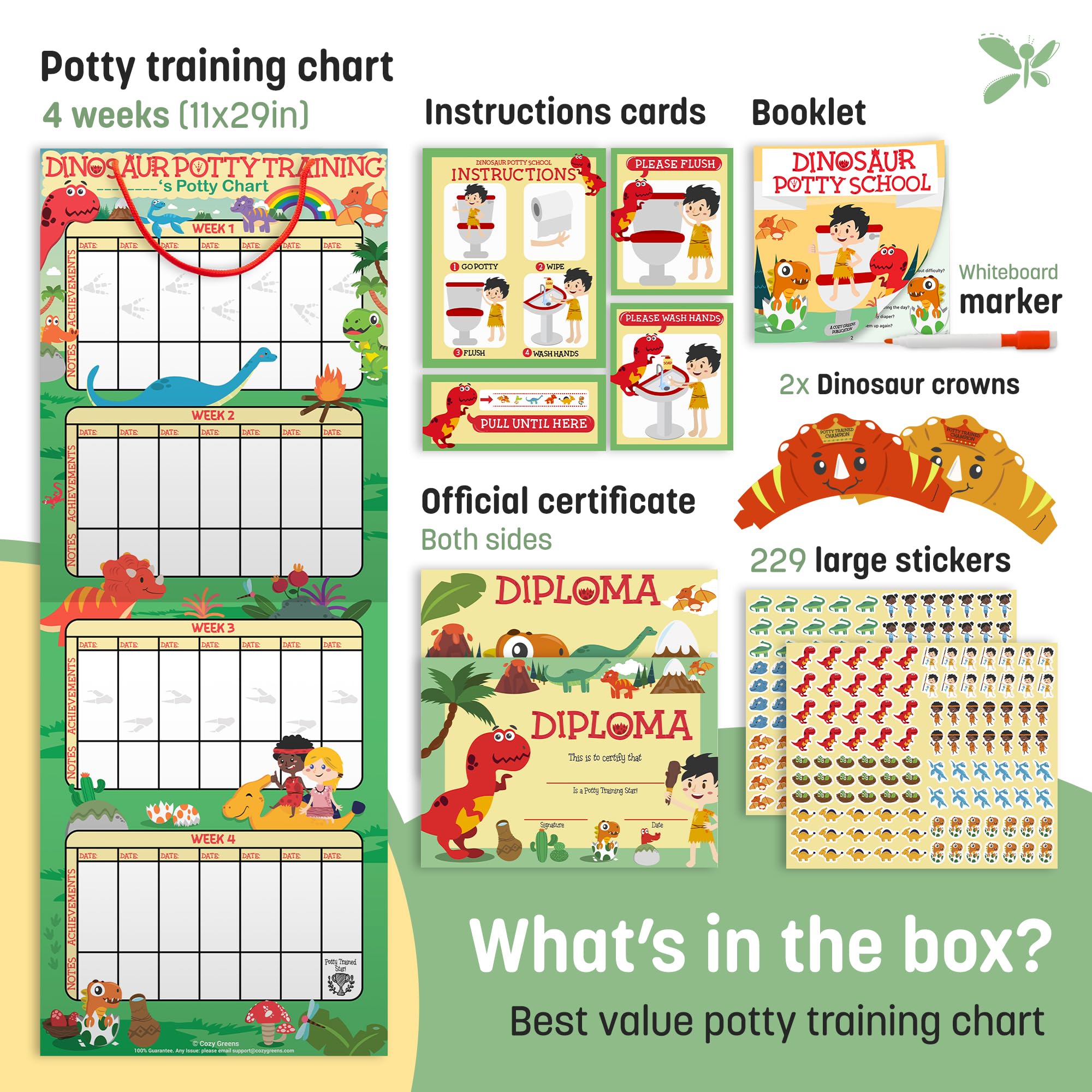 Potty Training Chart for Toddlers, Dinosaur Design Reward Chart - 194 Cool Stickers, 2 Fun Crowns, Motivational Certificate, Bonus Instruction Cards, Booklet & Erasable Pen for Boys and Girls