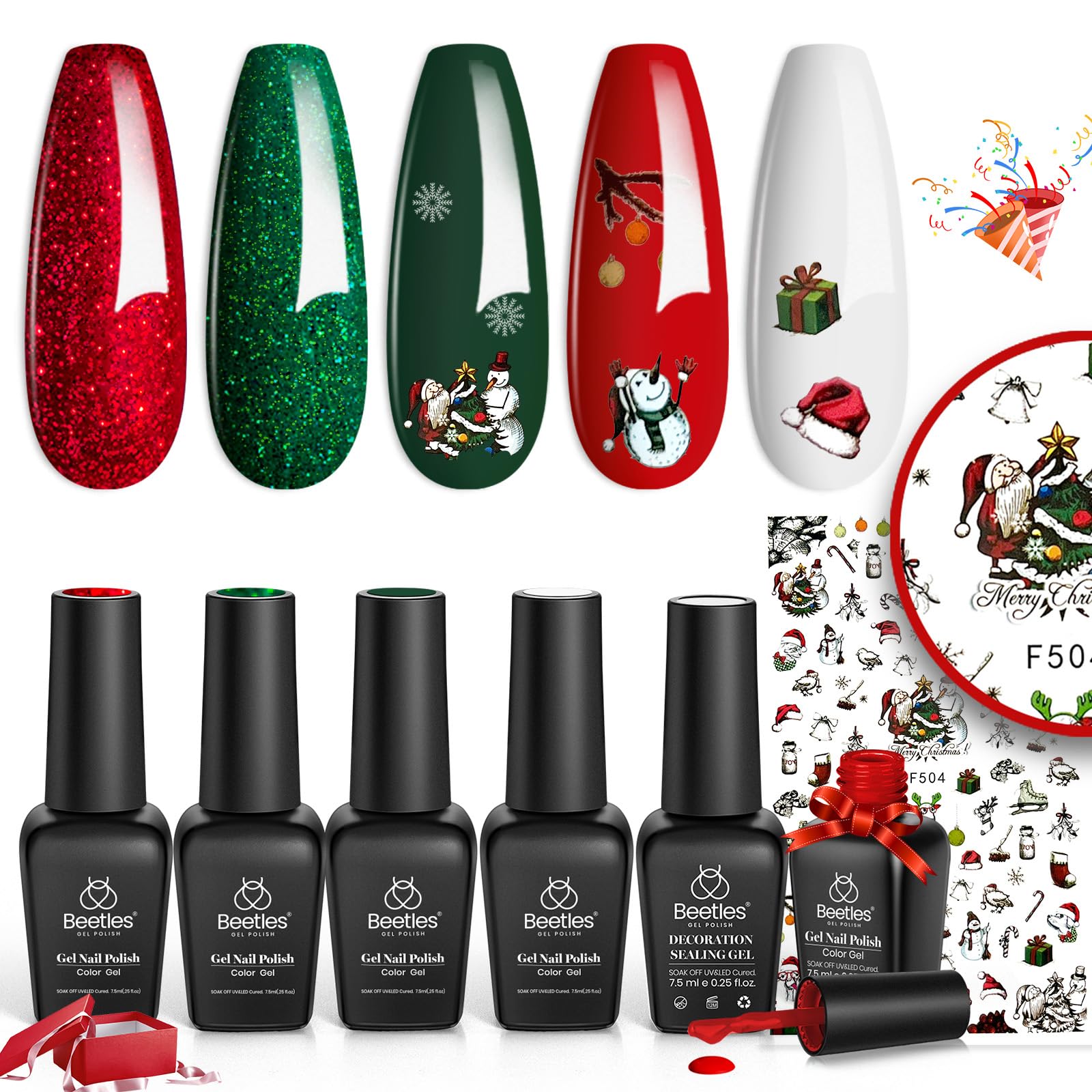 Gel Nail Polish Set - Christmas Holiday Series Glitter Burgandy Red Green Gel Polish Kit Soak Off UV LED Gel Nail Kit Manicure Gift with Nail Strengthener Gel and Christmas Stickers