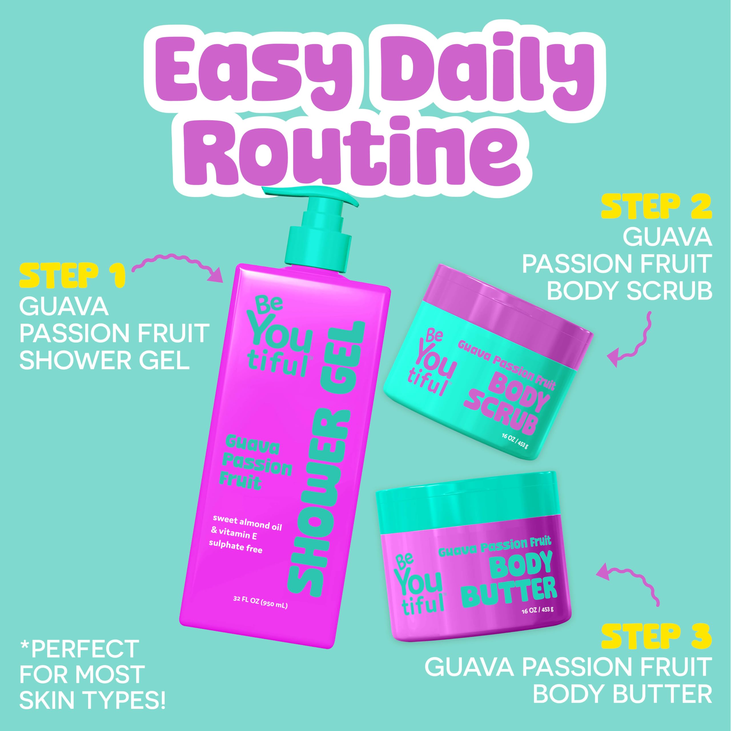 BeYoutiful Natural Hydrating Body Wash for Kids & Teens, Guava Passion Fruit Exfoliating Gel, Cruelty-Free Acne-Prone Sensitive Skin Care, 32 oz