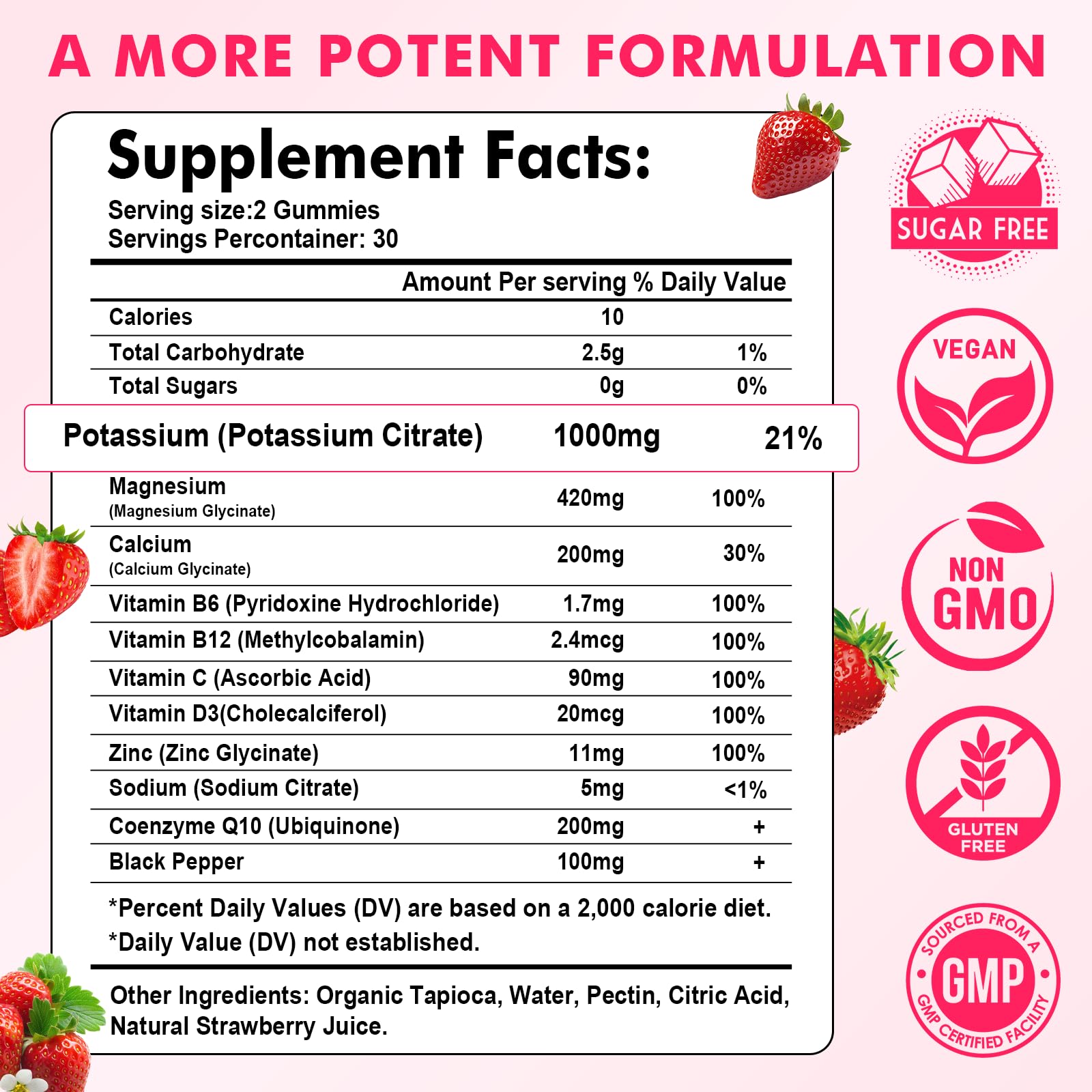 Potassium Magnesium Gummies, High Absorption Magnesium Potassium Supplement with Vitamin B6 for Leg Cramps & Muscle Health, Strawberry, 60 Count