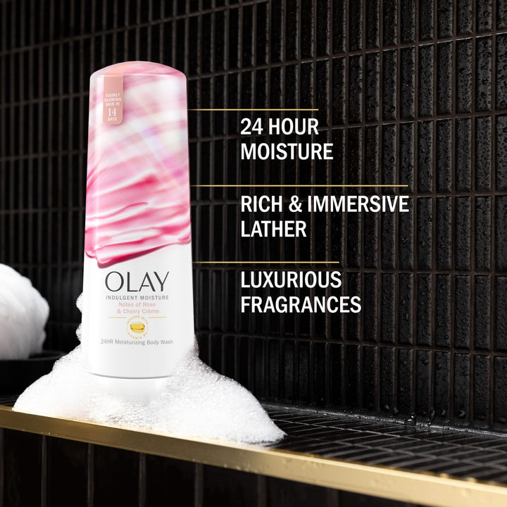 Olay Body Wash for Women, Indulgent Moisture, 24hr Moisturizing & Nourishing Formula, Infused with Vitamin B3 Complex, Luxurious Fragrances, Rose & Cherry Creme Scent, 20 fl oz