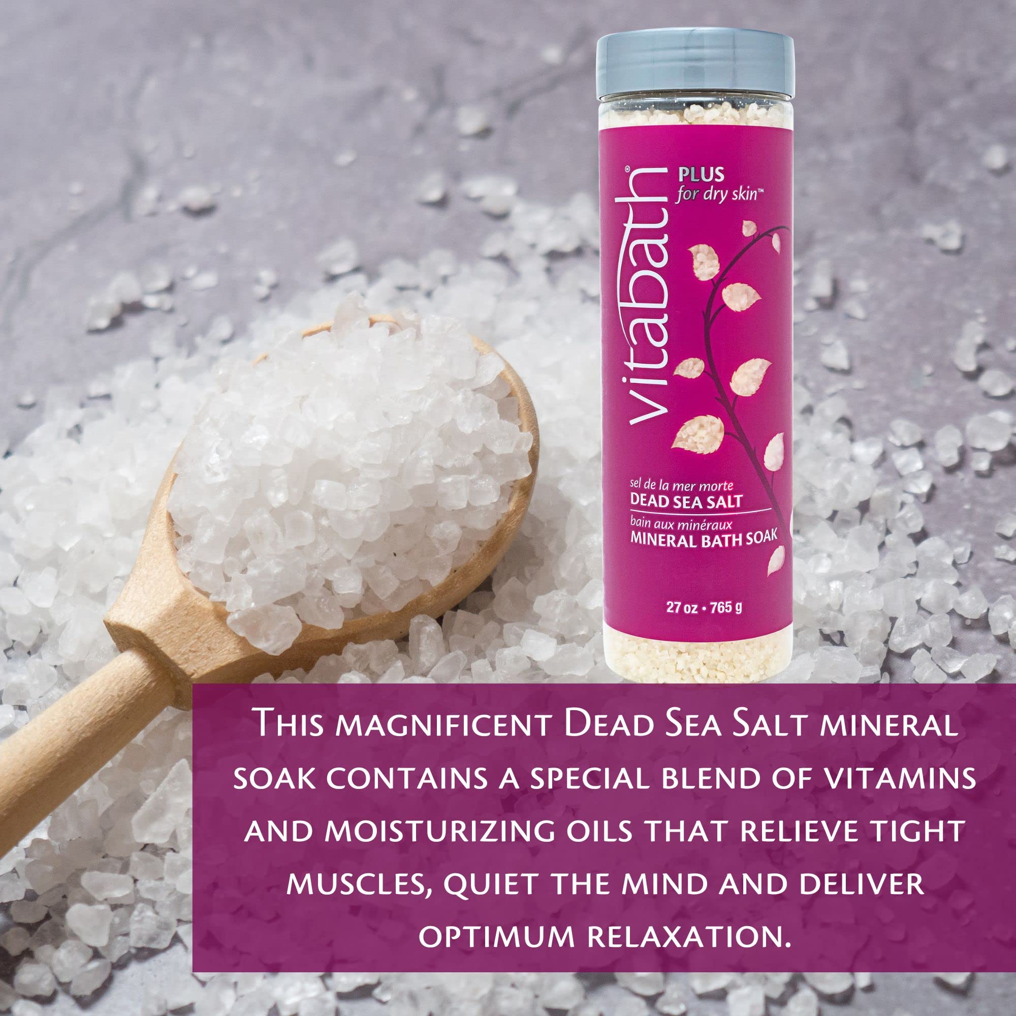 Vitabath Plus for Dry Skin Mineral Bath Soak Infused with Jasmine, Violet & White Musk - Muscle Relaxing Sea Salts & Skin Moisturizing Oils - Cruelty-Free - 27 oz
