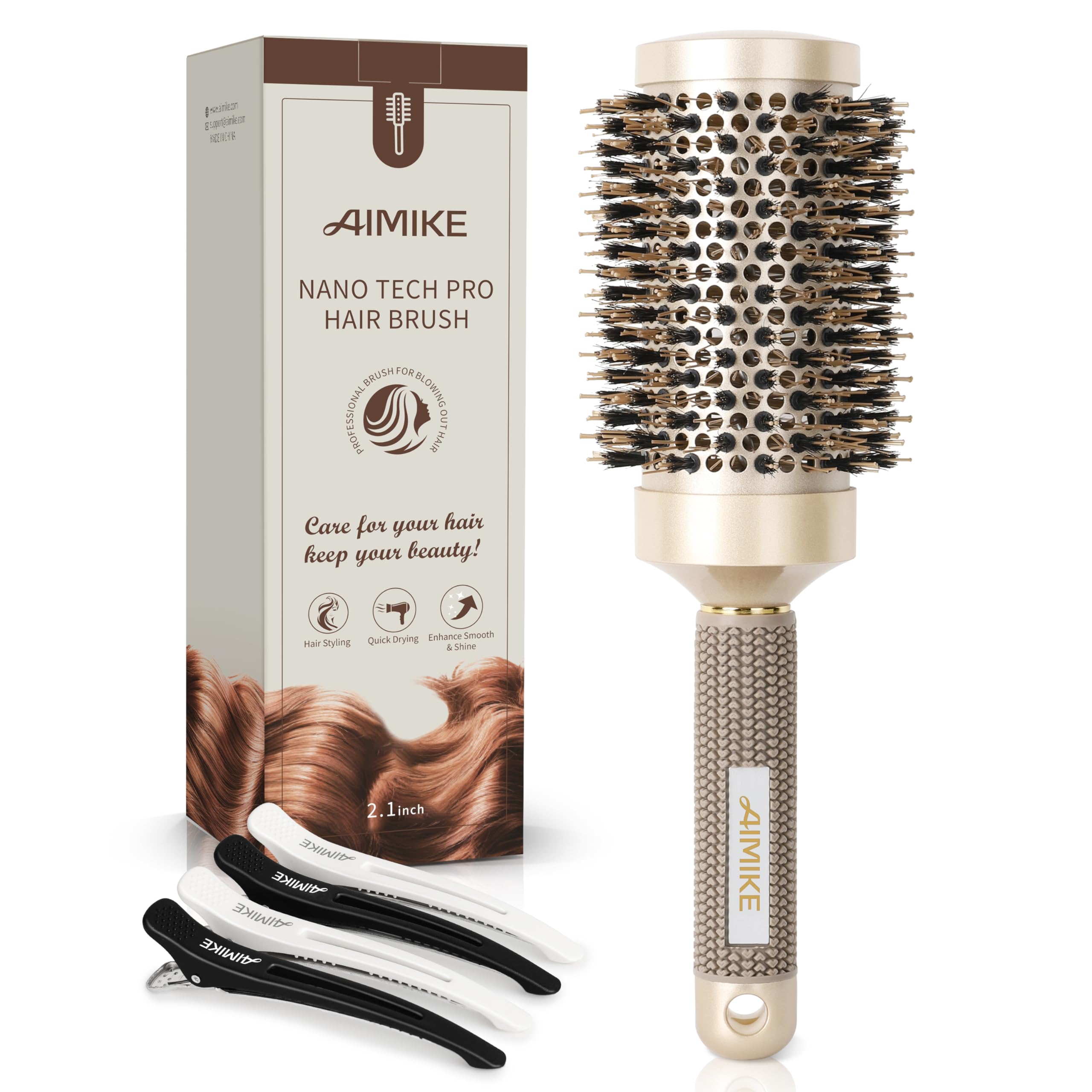 Round Brush, Nano Thermal Ceramic & Ionic Tech Hair Brush, Round Barrel Brush with Boar Bristles, Enhance Texture for Hair Drying, Styling, Curling and Shine (2.1 inch) + 4 Free Clips by Aimike