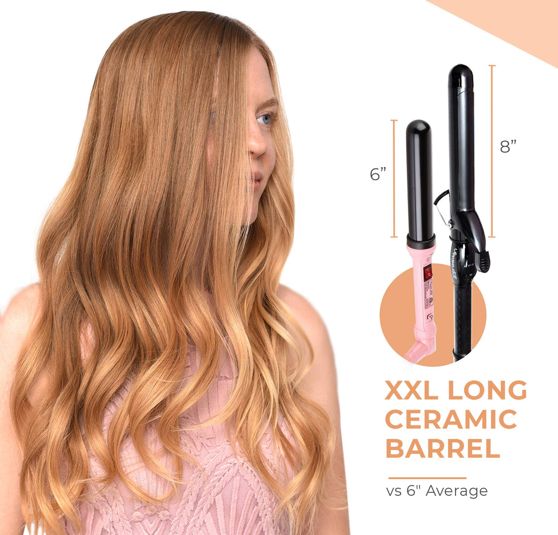 Le Angelique 1 1/4 Inch Curling Iron with Clip - 8 Extra Long Barrel, 400F 360F 320F 285F 250F Temperature Set, Cool Tip, Cooling Stand, Ceramic Coating, Dual Voltage Professional Hair Wand 32mm