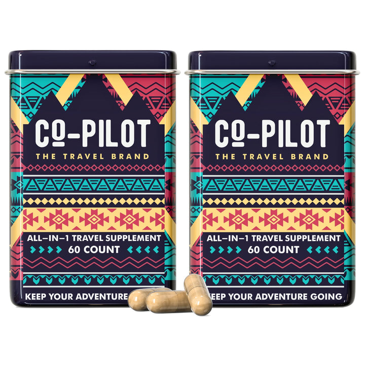 Co-Pilot The Travel Brand Supplement 2 Pack: Jet Lag Prevention + Ashwagandha, Rhodiola, D3+ for Immune Support, Energy, Digestive Health | Airplane Travel Essentials Multivitamin | Vegan | 120 Count