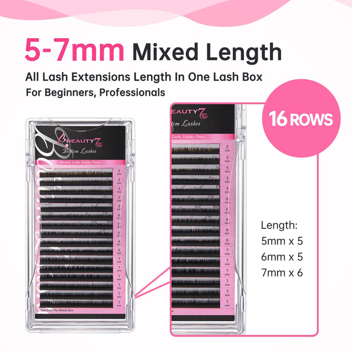 C Curl, 0.1 Thickness: Beauty7 Mixed Volume Under Bottom Lower Individual False Eyelash Extension Tray Matte Synthetic Mink Curl C 0.1Mm Thickness 5/6/7Mm Length