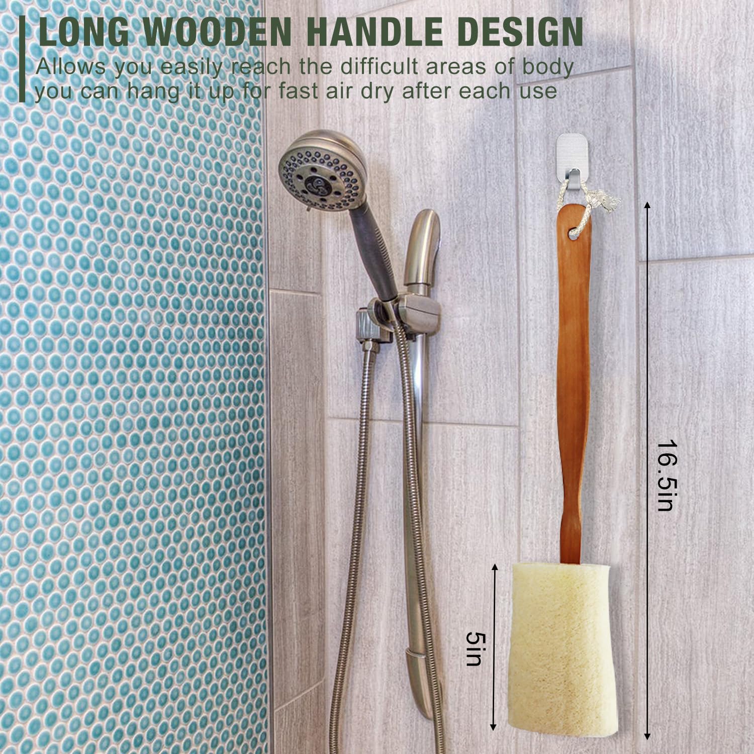 Natural Exfoliating Loofah Back Scrubber Bath Brush with Long Wooden Handle for Body Shower Bath Spa, 2 Pack