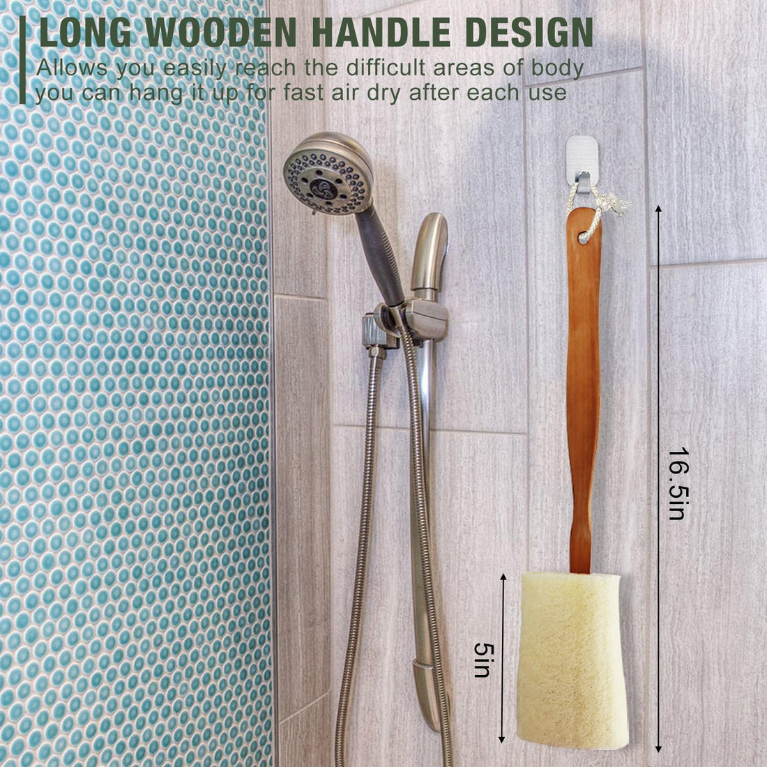 Natural Exfoliating Loofah Back Scrubber Bath Brush with Long Wooden Handle for Body Shower Bath Spa, 2 Pack