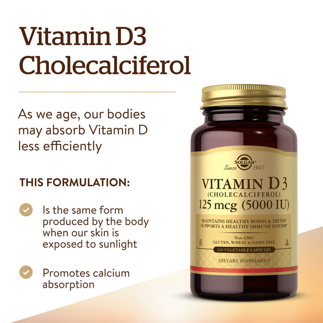 Solgar Vitamin D3 (Cholecalciferol) 125 mcg (5000 IU), 240 Vegetable Capsules - Helps Maintain Healthy Bones & Teeth - Immune System Support - Non-GMO, Gluten Free - 240 Total Servings