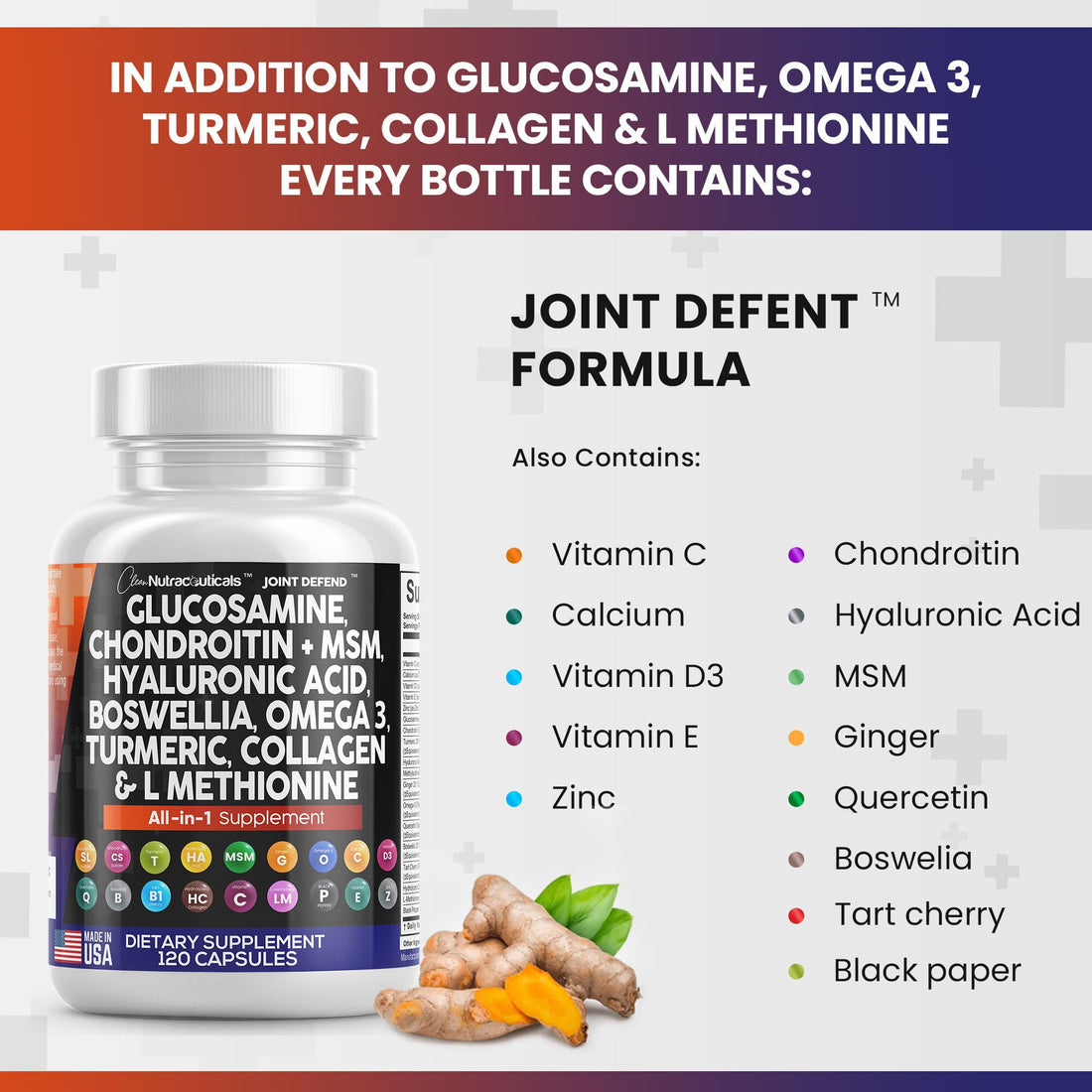 Clean Nutraceuticals Glucosamine Chondroitin MSM Turmeric Hyaluronic Acid Boswellia Collagen Tart Cherry - Joint Support Supplement Omega 3 Pills Ginger Quercetin Capsules - 120 Count USA