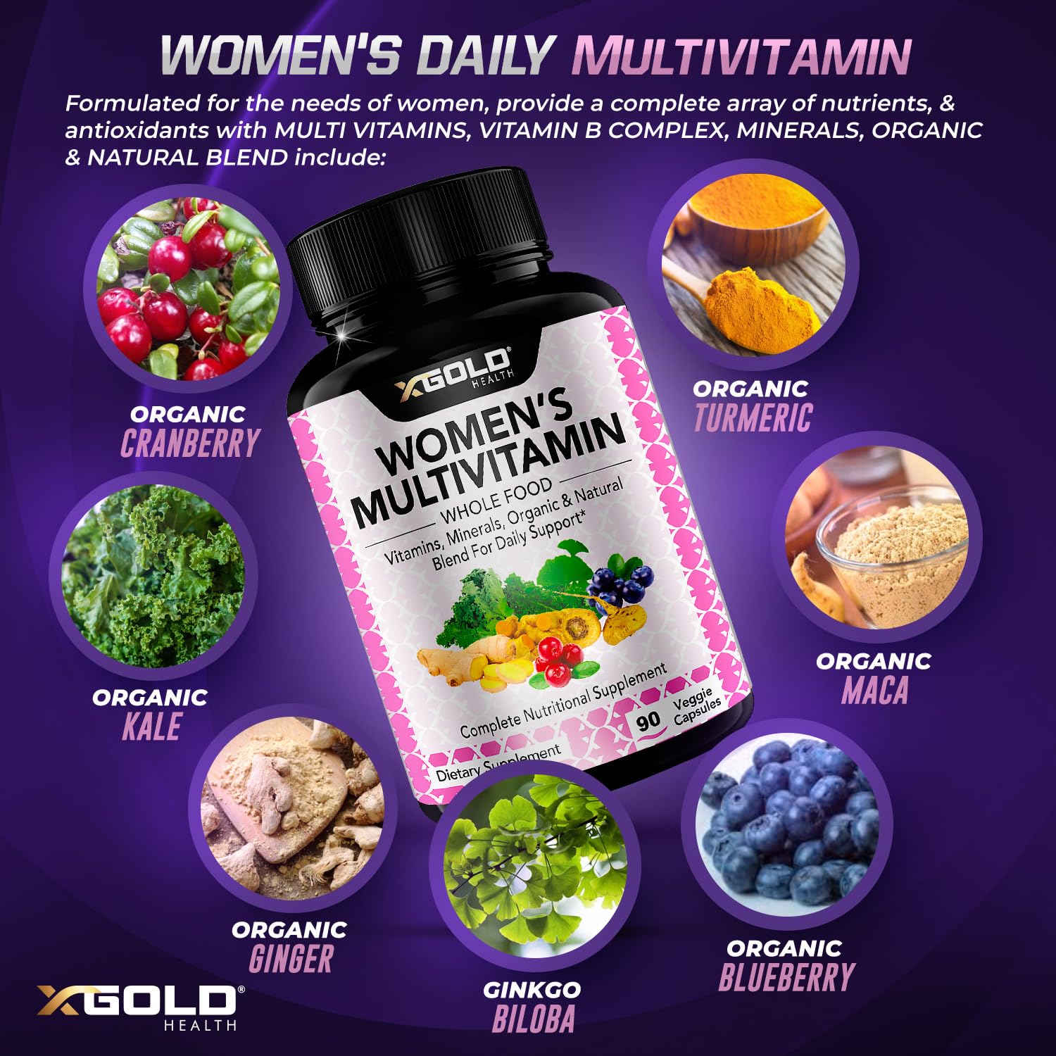 Vegan Women's Daily Multivitamin 50 Plus with Organic WholeFood Based Natural Ingredients, Ginger, Maca, Multi-Vitamin B Complex & More - Energy Support, Immune System Booster -90 Capsules