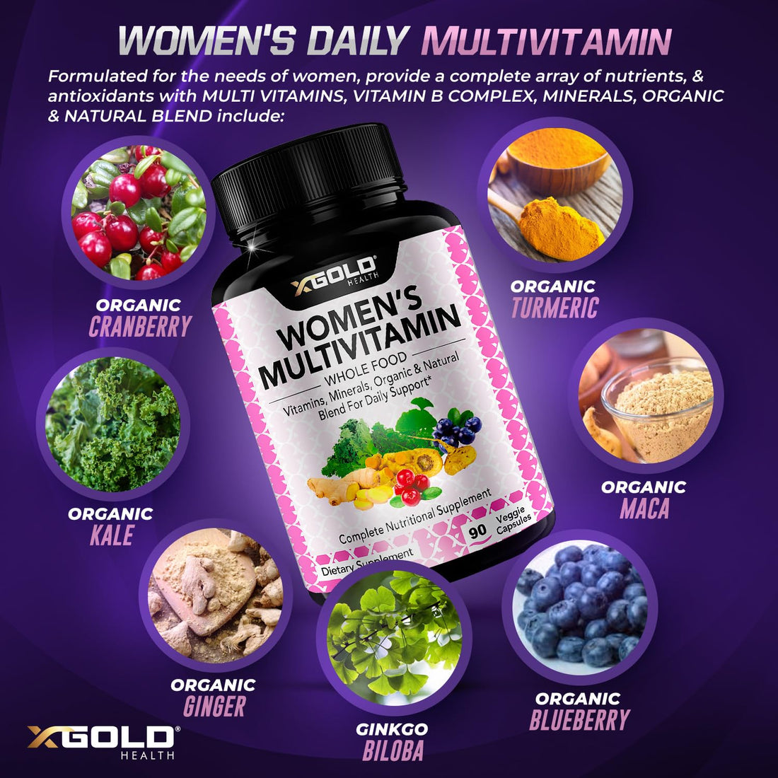 Vegan Women's Daily Multivitamin 50 Plus with Organic WholeFood Based Natural Ingredients, Ginger, Maca, Multi-Vitamin B Complex & More - Energy Support, Immune System Booster -90 Capsules