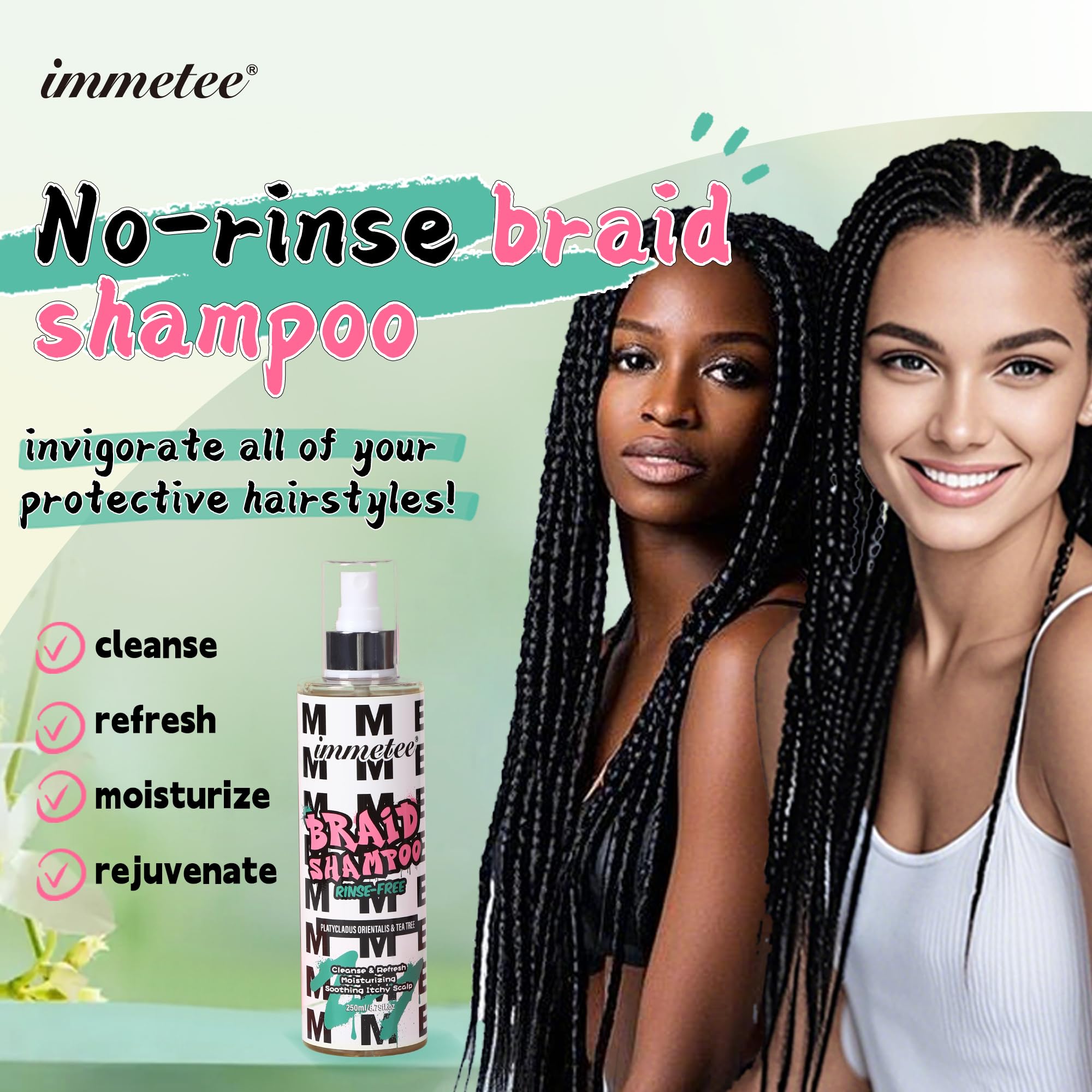immetee No Rinse Shampoo for Braids & Dreadlock,with Aloe Vera,Olive Oil & Tea Tree Oil,Moisturizing Rinse Free Braid Shampoo Spray Eliminates Odor & Itch 250ml/8.79oz