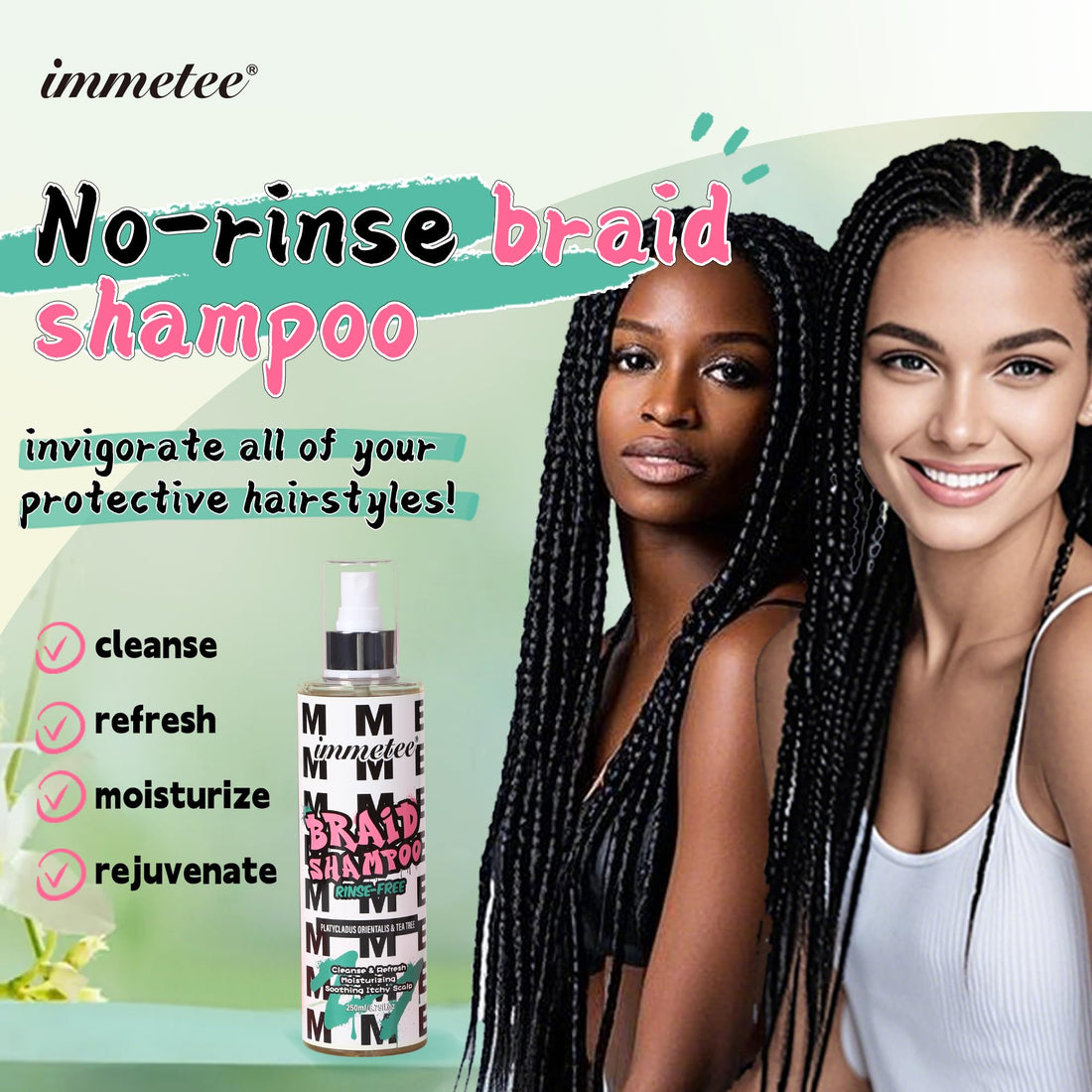 immetee No Rinse Shampoo for Braids & Dreadlock,with Aloe Vera,Olive Oil & Tea Tree Oil,Moisturizing Rinse Free Braid Shampoo Spray Eliminates Odor & Itch 250ml/8.79oz