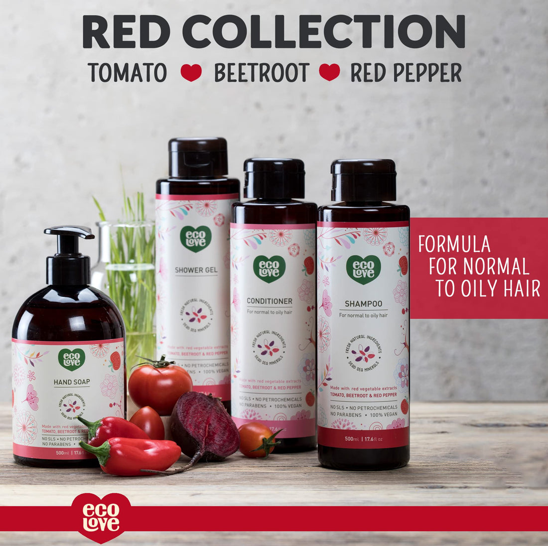 Red : ecoLove Red Collection Conditioner for normal to oily hair - Tomatoes, Beetroot & Red Pepper. 100% VEGAN (17.6 Oz)