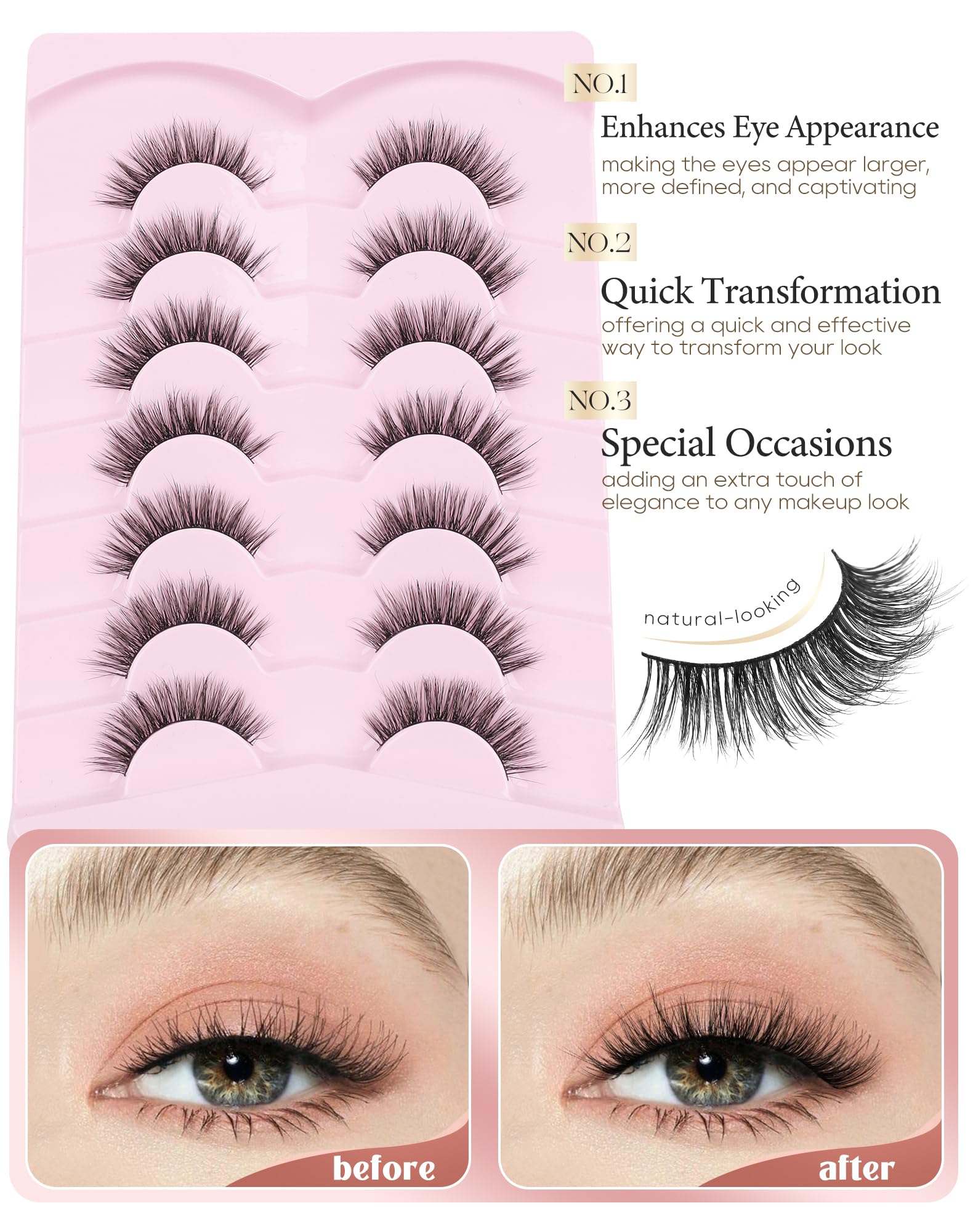 Onlyall Natural Lashes Wispy Lashes Natural Look False Eyelashes Natural Flared Eyelashes False Eye Lashes Soft Fluffy Lashes 7 Pairs D75