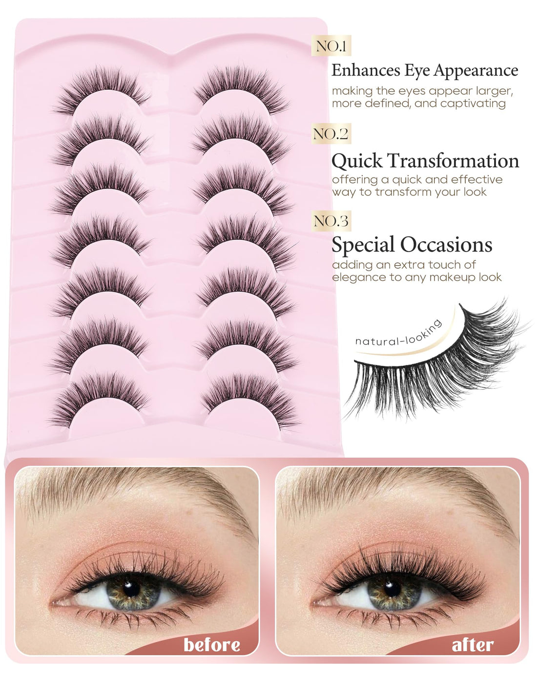 Onlyall Natural Lashes Wispy Lashes Natural Look False Eyelashes Natural Flared Eyelashes False Eye Lashes Soft Fluffy Lashes 7 Pairs D75
