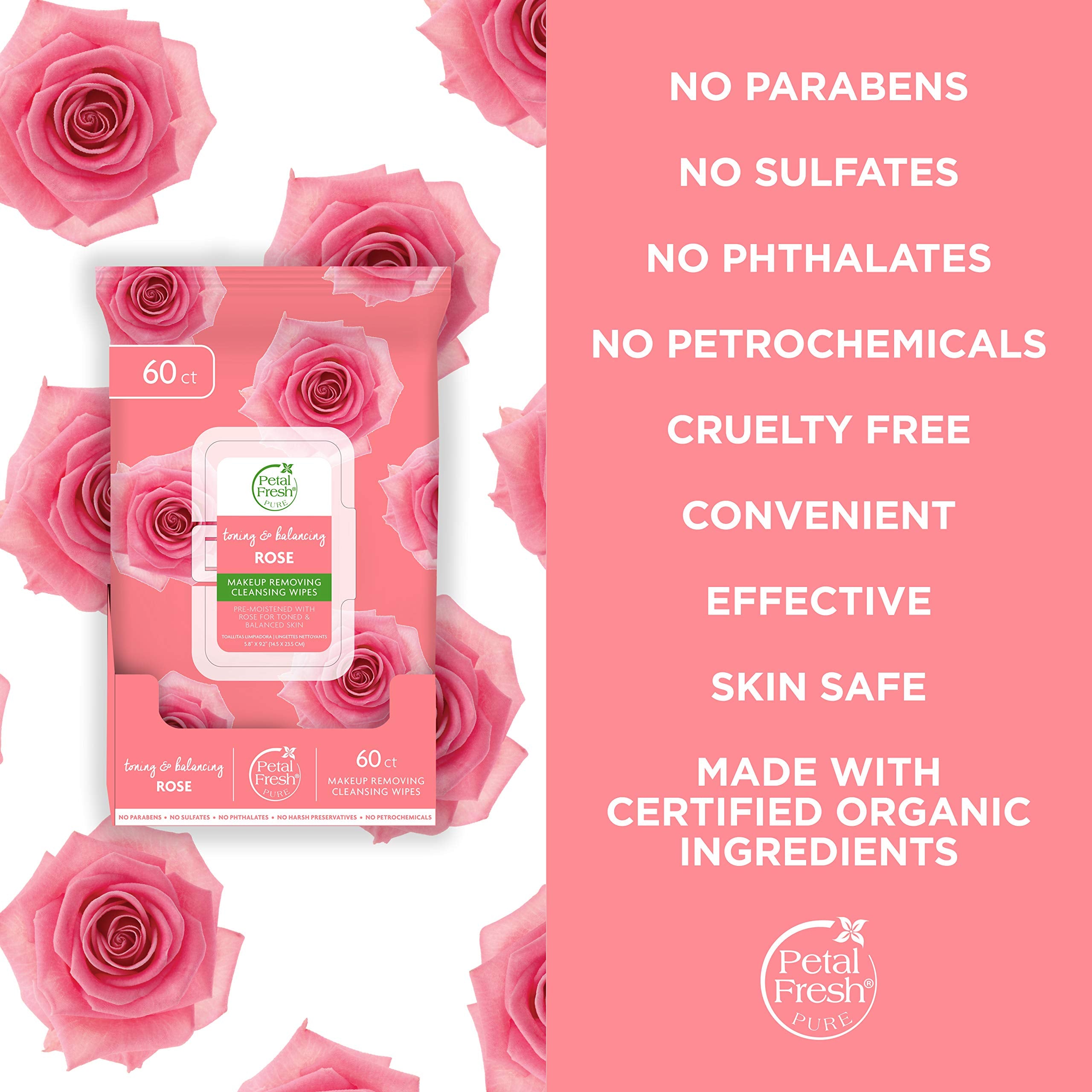 Petal Fresh Pure Brightening Rose Makeup Removing, Cleansing Towelettes, Gentle Face Wipes, Daily Cleansing, Vegan and Cruelty Free, 60 count