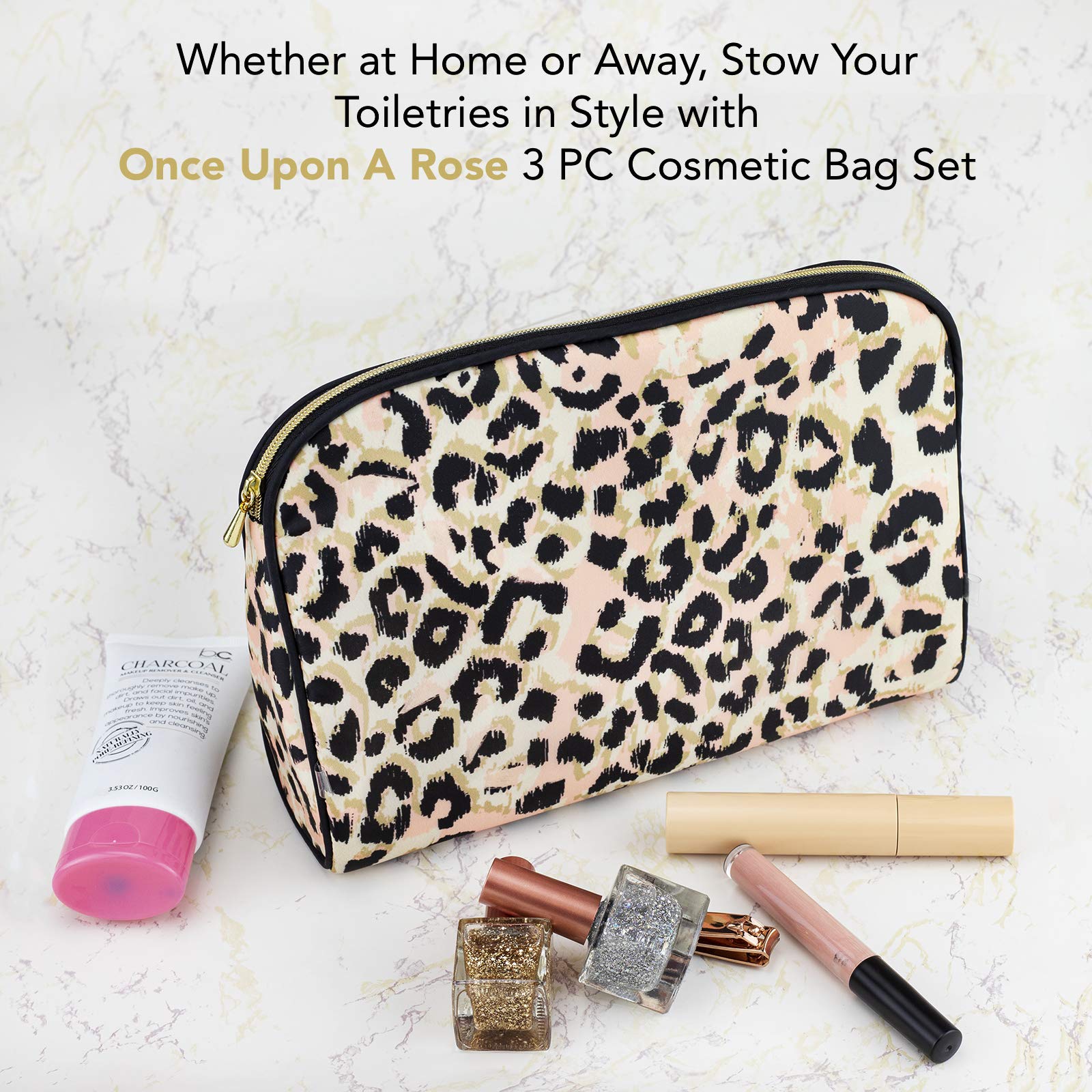 Black & Leopard: Once Upon A Rose Cosmetic Bag 3 Piece Set, Makeup Organizer, Toiletry Pouch, for Brushes, Pencil Case, Accessories, Travel, Girls, Gift Idea (Black & Leopard)
