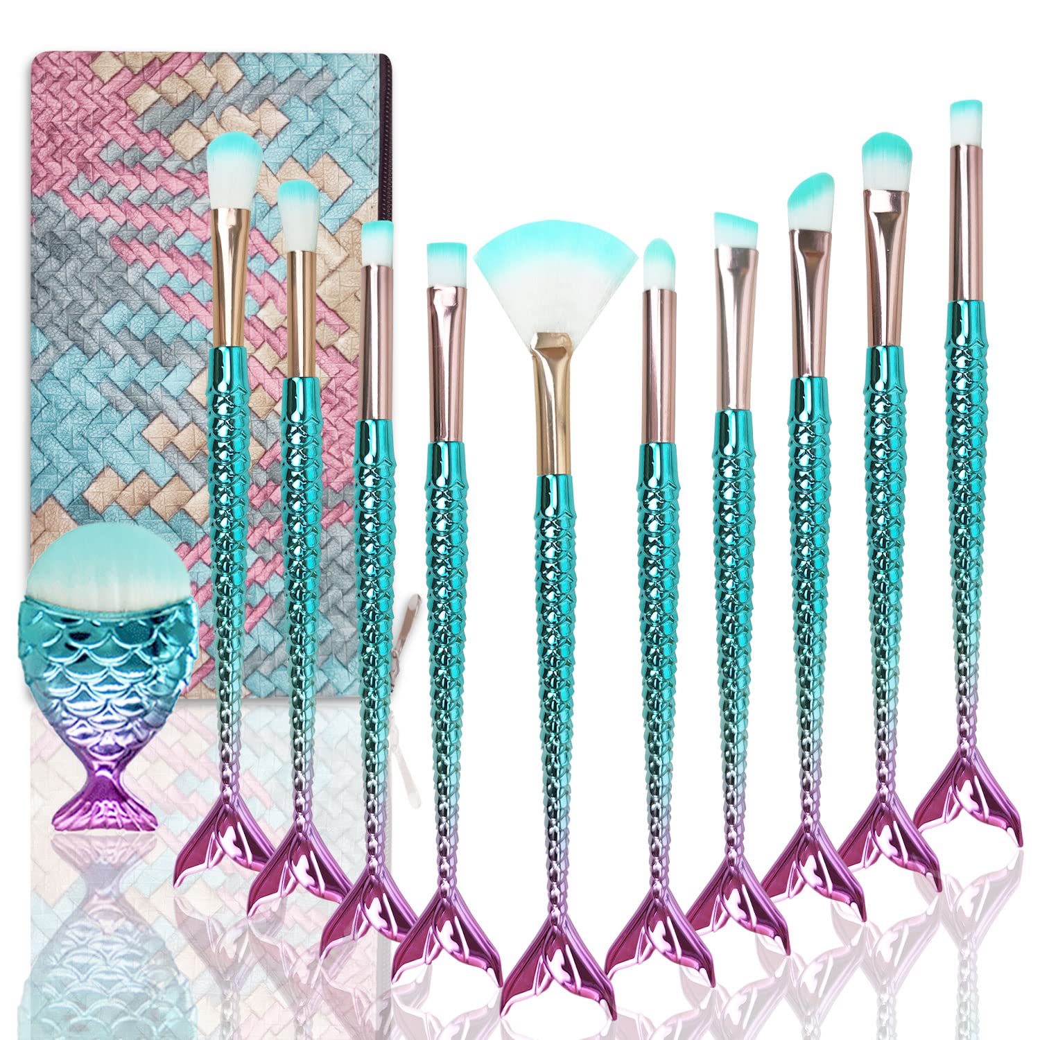 Mermaid Makeup Brushes Set with Bag Citicolor Chubby Fish Foundation Brush 11pcs Soft Nylon Bristles Beauty Make Up Kits, Blending Blush concealer Eye Face Lip Cosmetic Tools (Mermaid Shape 11pcs)
