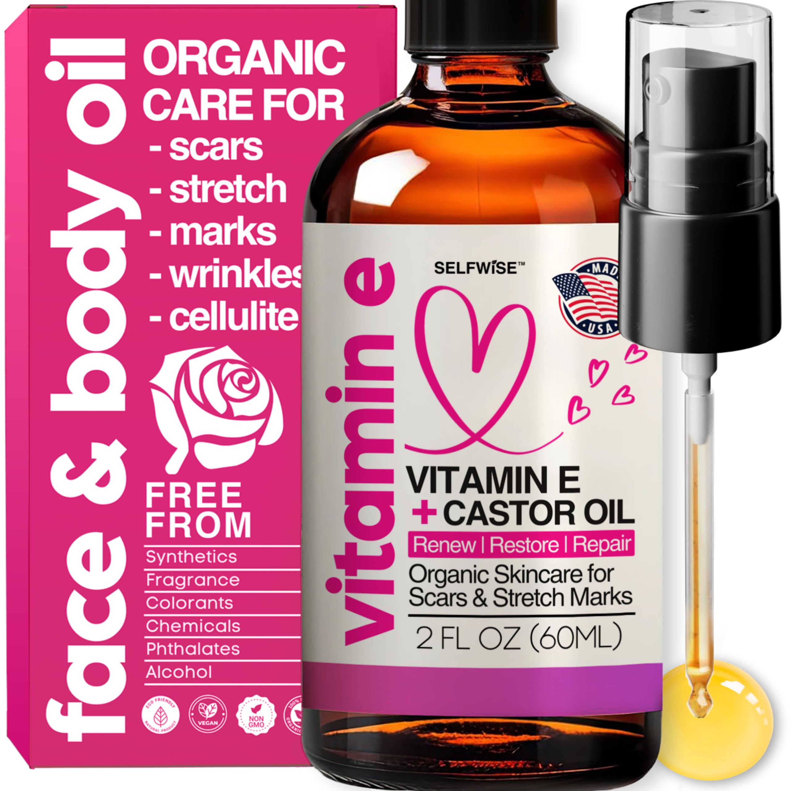 Organic Vitamin E Oil for Scars, Stretch Marks Removal, Wrinkles & Cellulite - Scar Away Treatment Bio Oil with Castor, Rosehip, Jojoba, Almond - Hydrating & Moisturizing Skincare - Face & Body Oil