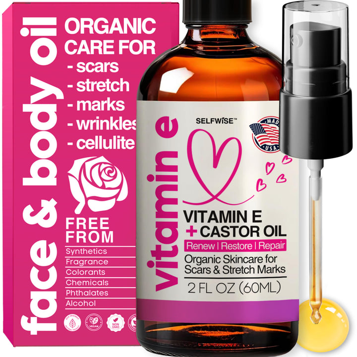 Organic Vitamin E Oil for Scars, Stretch Marks Removal, Wrinkles & Cellulite - Scar Away Treatment Bio Oil with Castor, Rosehip, Jojoba, Almond - Hydrating & Moisturizing Skincare - Face & Body Oil