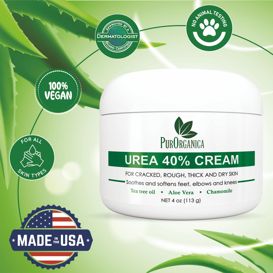 PurOrganica Urea 40% Cream – Made in USA – Foot Cream for Thick, Cracked, Rough, Dead & Dry Skin - Corn, Callus and Dead Skin Remover, Toenail Softener, Moisturizer For Feet, Elbows, Hands and Knees