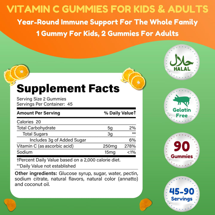 SHIFAA NUTRITION Vegan Vitamin C Gummies | 90 Gummies, 250mg 45 Servings | Non-GMO | Gluten-Free, Gelatin-Free | Immune Support Gummies & Seasonal Support for Kids & Adults Halal Vitamins