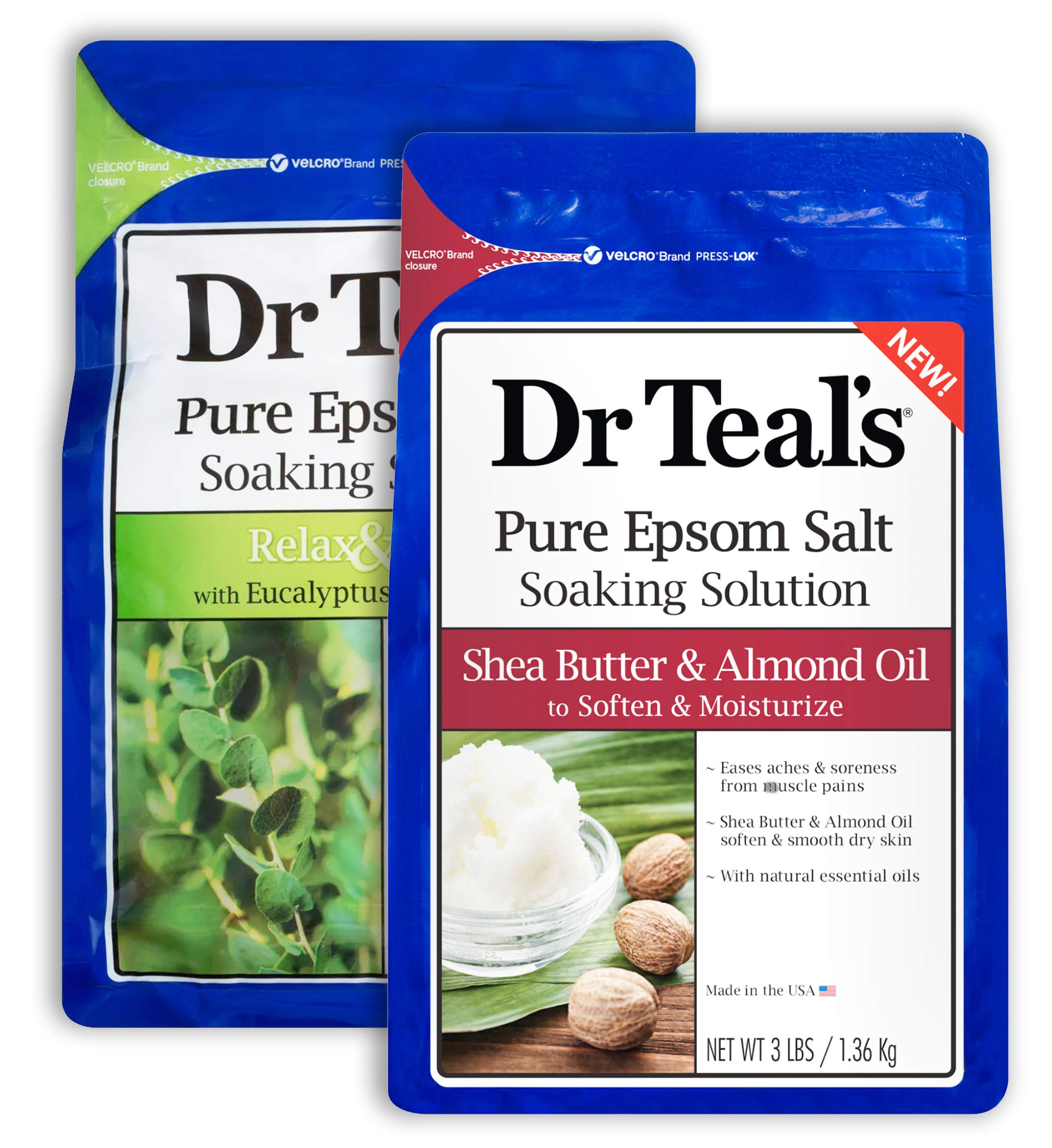 Dr. Teal's Epsom Salt Bath Variety Gift Set (2 Pack, 3lbs Ea) - Relax & Relief Eucalyptus & Spearmint, Soften & Moisturize Shea Butter & Almond Oil - Essential Oils Ease Aches & Pains, Relieves Stress