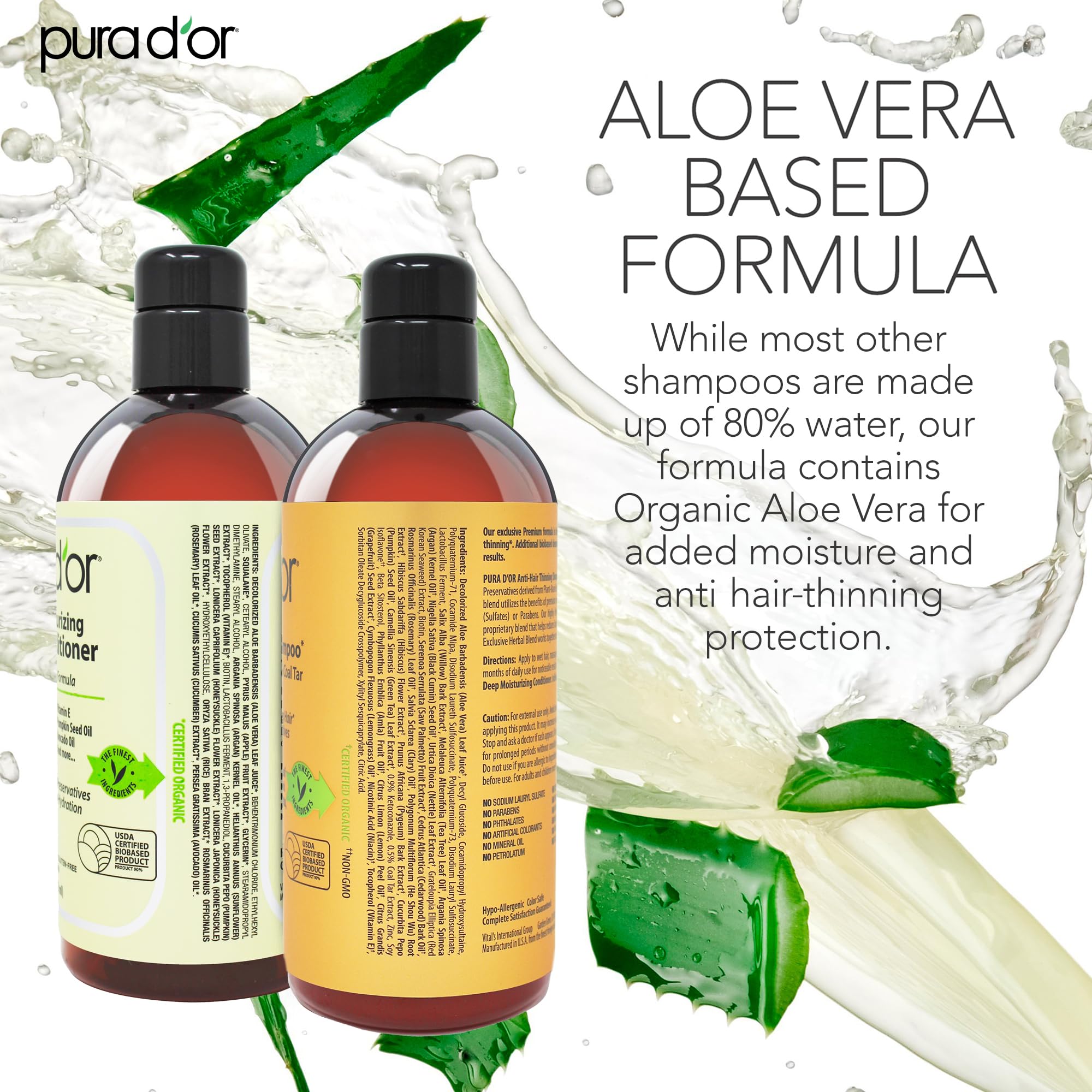 PURA D'OR MD Anti-Thinning Biotin Shampoo & Conditioner Set (16oz x2) Maximum Defense Coal-Tar Strong Scented Hebal Blend Hair Thickening Products For Women & Men, Daily Shampoo For Scalp Health