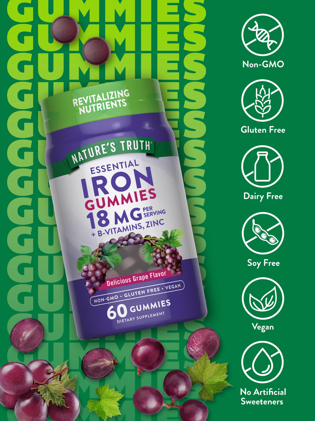 Natures Truth Iron Gummies | 60 Count | Vegan, Non-GMO & Gluten Free Supplement | with Zinc & B Vitamins | Grape Flavor