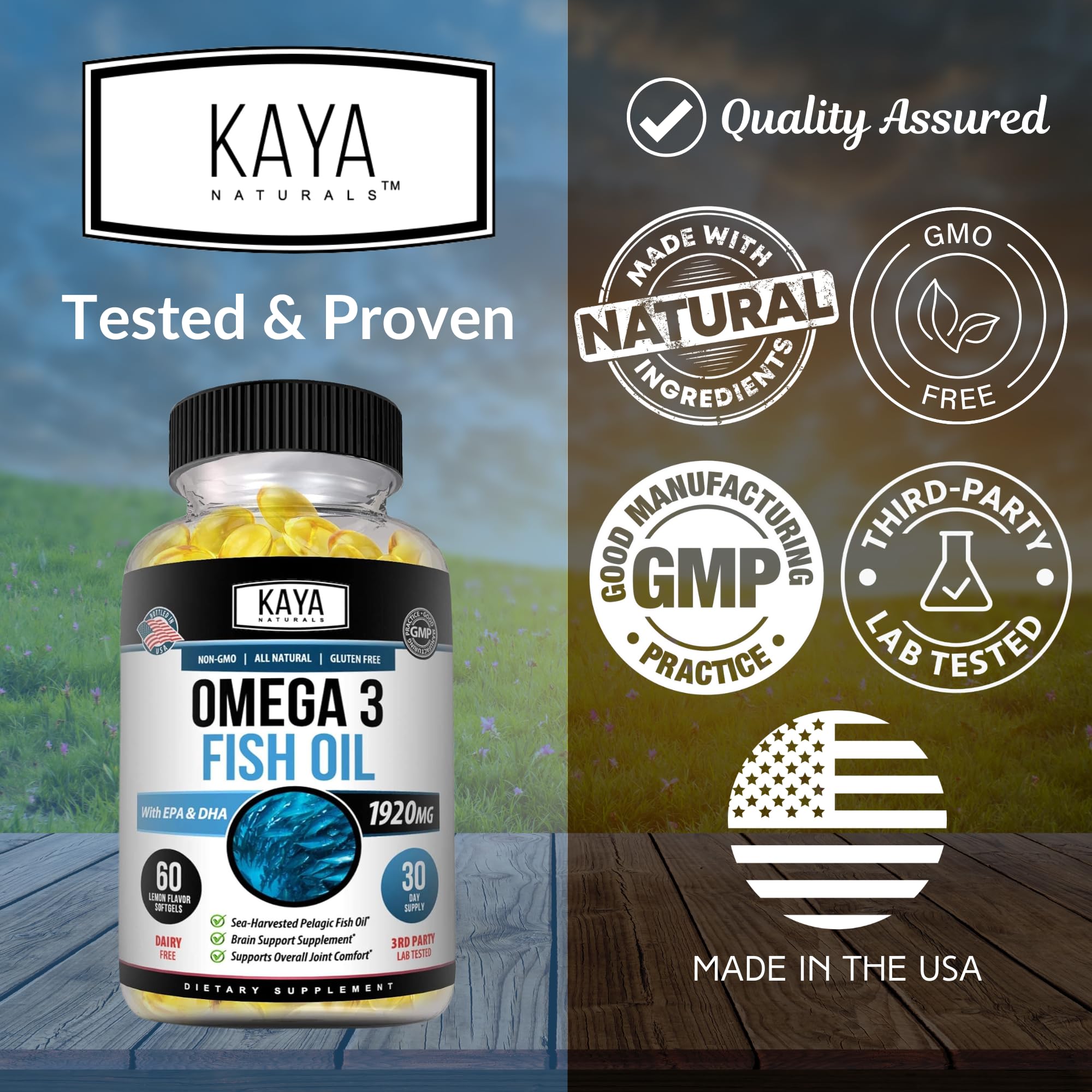 Kaya Naturals Omega 3 Supplement - Nature Made Omega 3 Fish Oil - 100% Pure Sea-Harvested Pelagic Fish Oil with No Fishy Aftertaste - Fish Oil - 60 Count Softgels