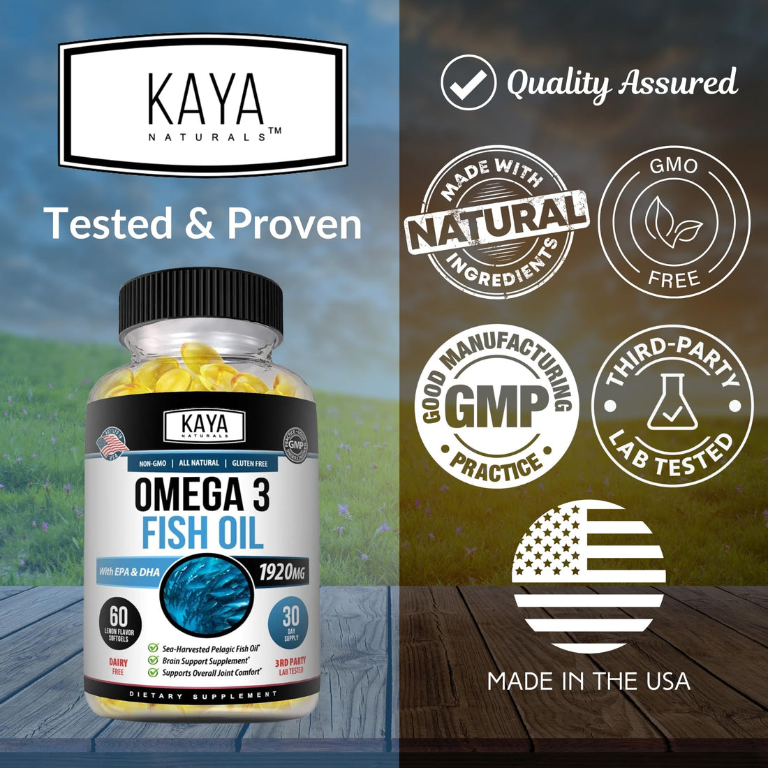 Kaya Naturals Omega 3 Supplement - Nature Made Omega 3 Fish Oil - 100% Pure Sea-Harvested Pelagic Fish Oil with No Fishy Aftertaste - Fish Oil - 60 Count Softgels