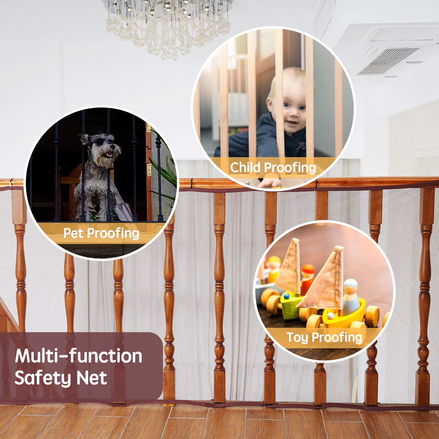 Banister Guard for Baby - 15ft x 3ft, Child Safety Net, Rail Balcony Banister Stair Mesh for Kids, Toys, Pets - Dark Brown…