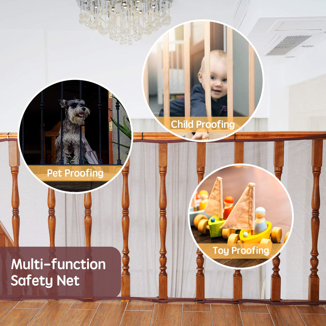 Banister Guard for Baby - 15ft x 3ft, Child Safety Net, Rail Balcony Banister Stair Mesh for Kids, Toys, Pets - Dark Brown…