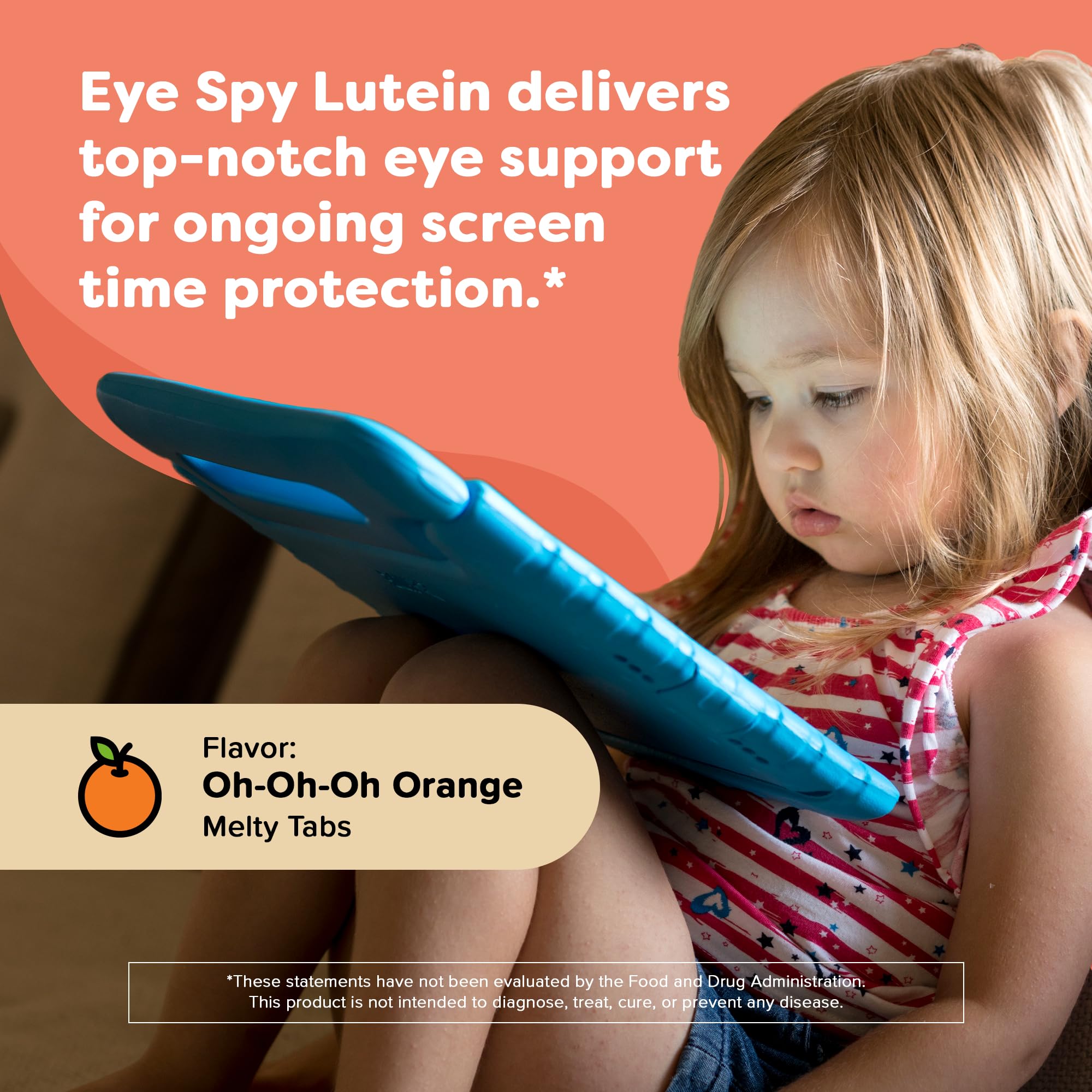 Renzo's Eye Spy Lutein with Bilberry Extract, Dissolvable Kids Vitamins for Eye Health, Sugar-Free Supplements, 30 Orange-Flavored Melty Tabs