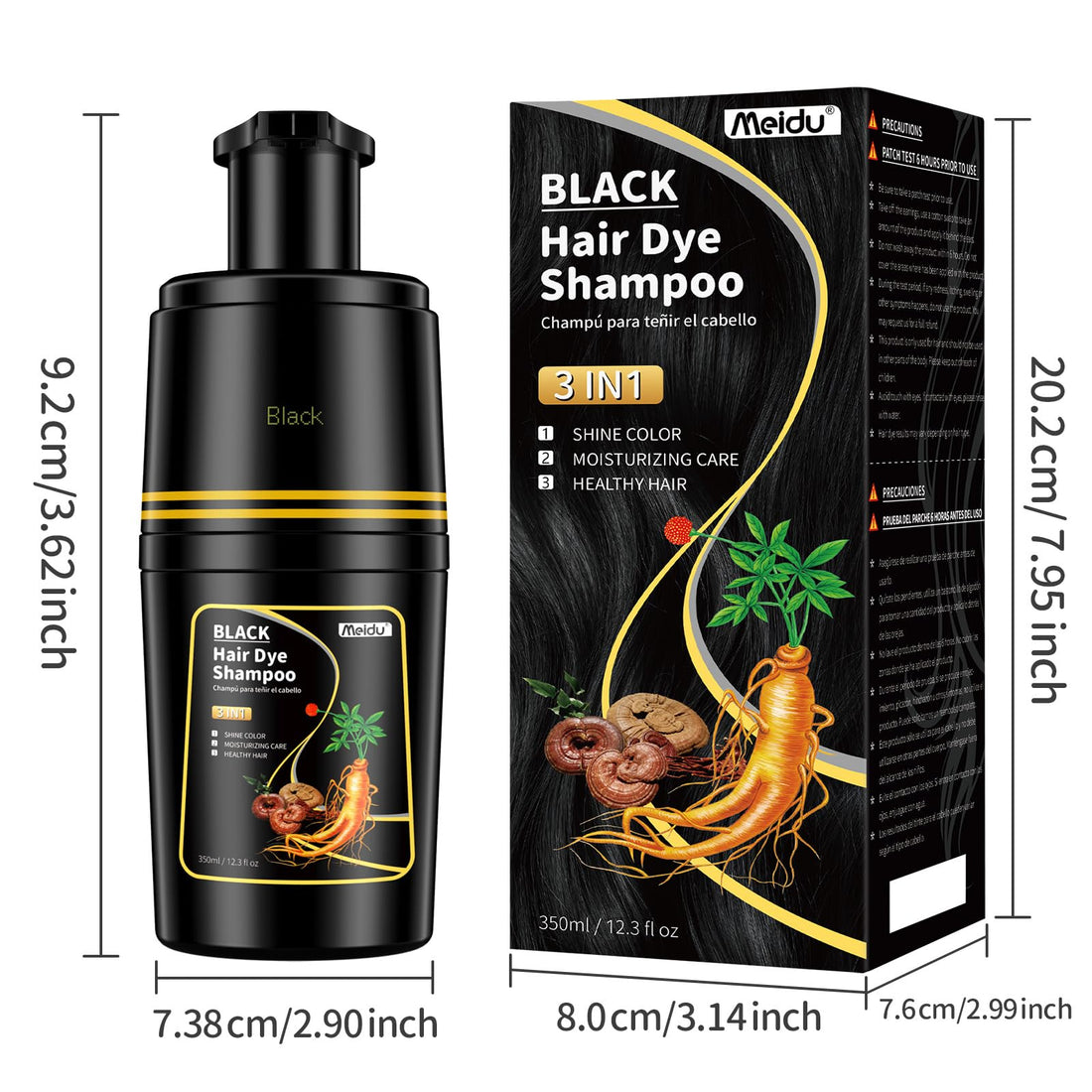IIIMEIDU Black Hair dye Shampoo 3 in 1, Natural Hair Color Shampoo for Gray Hair, Shampoo Tinte Para el Cabello for Women and Men 100% Grey Hair Coverage, 350ml
