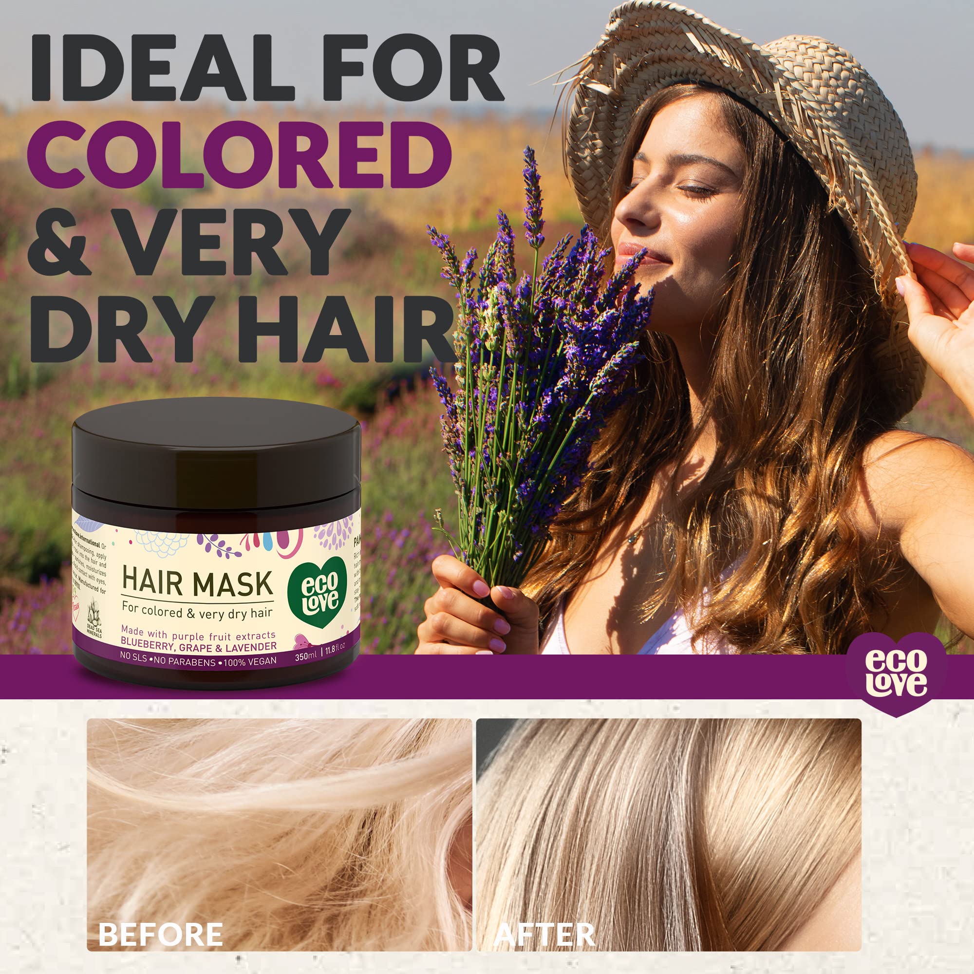 ecoLove Purple Collection Hair Mask for colored & very dry hair - Blueberry, Grape & Lavender. 100% VEGAN (11.8 Oz)