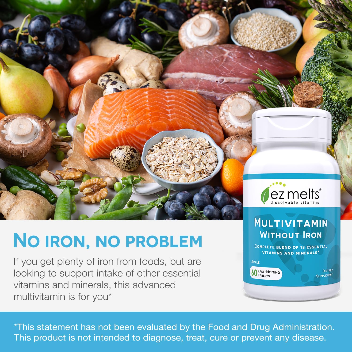 EZ Melts Dissolvable Multivitamin Without Iron, 18 Vitamins and Minerals Including Vitamin A and C, Biotin, B12, D3, Zinc and More, Sugar-Free, 1-Month Supply