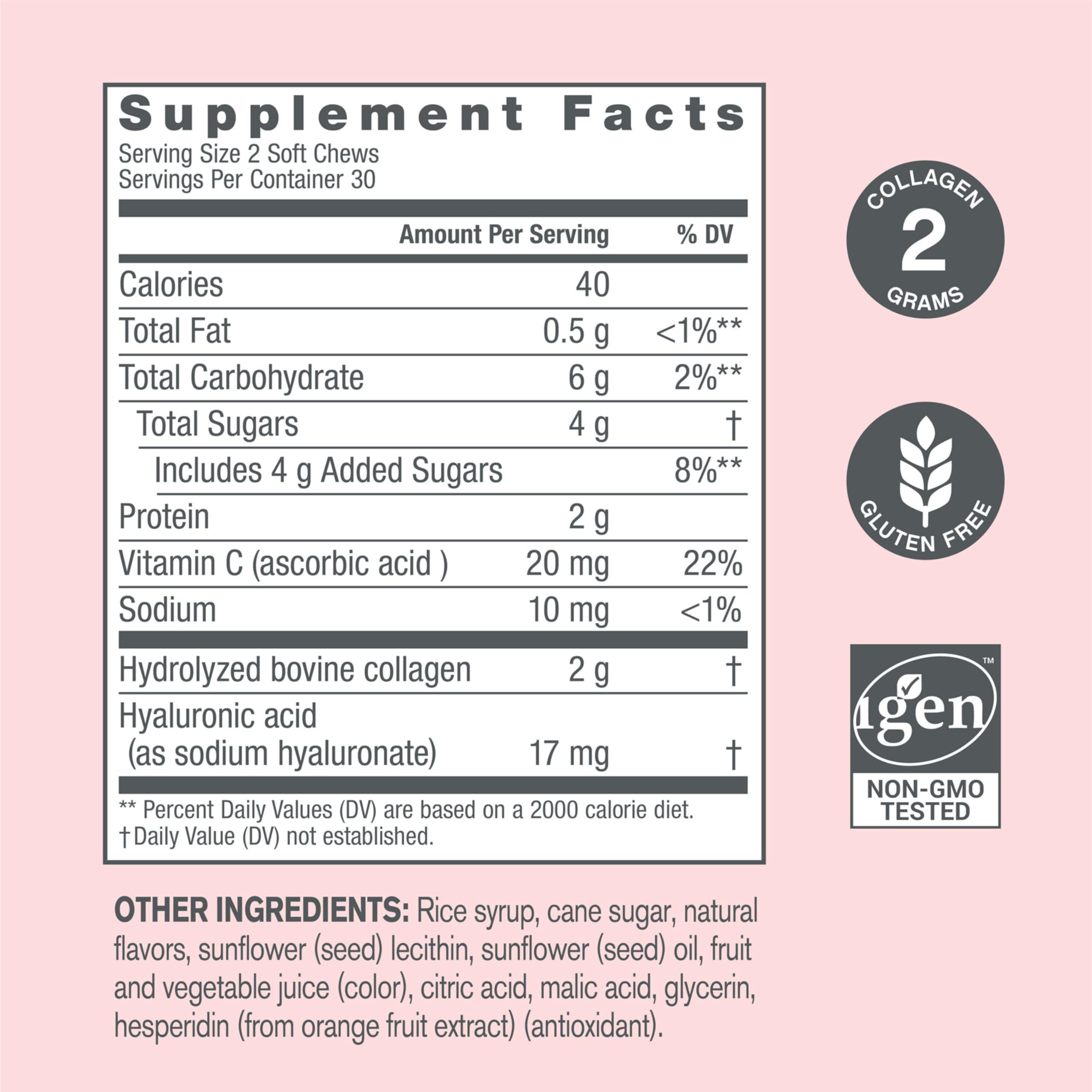 NeoCell Collagen Beauty Soft Chews with Vitamin C and Hyaluronic Acid, For Hair, Skin and Nail Health, Fruit Punch, Soft Chews, 60 Count, 1 Bag